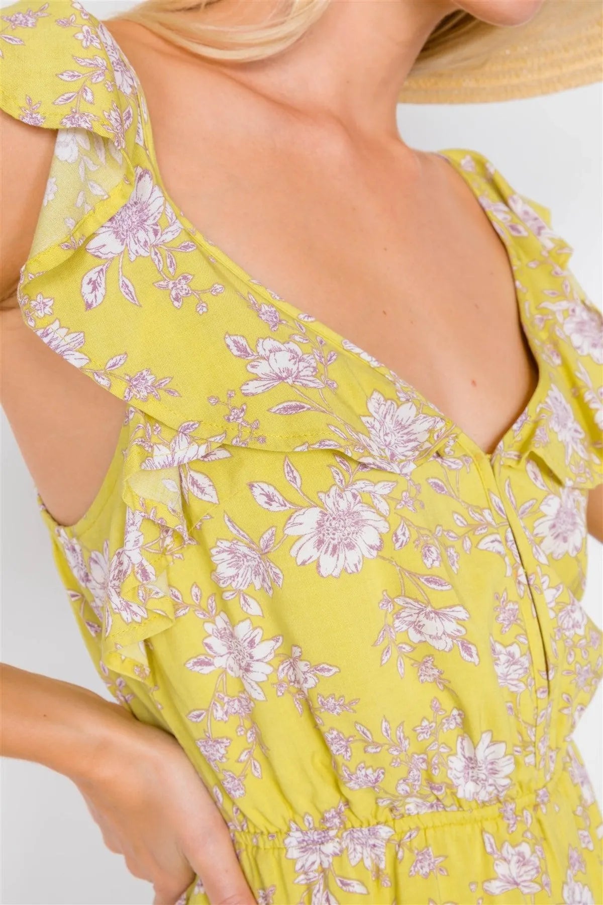 Melon Floral Print Ruffle V-Neck Short Mini Romper /3-2-1 - Tasha Apparel Wholesale