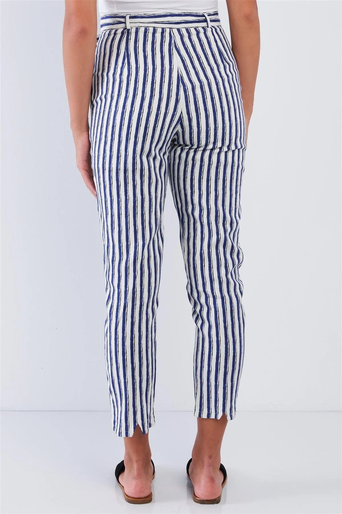 Navy Striped Tapered Belted Capri Pant - Tasha Apparel Wholesale