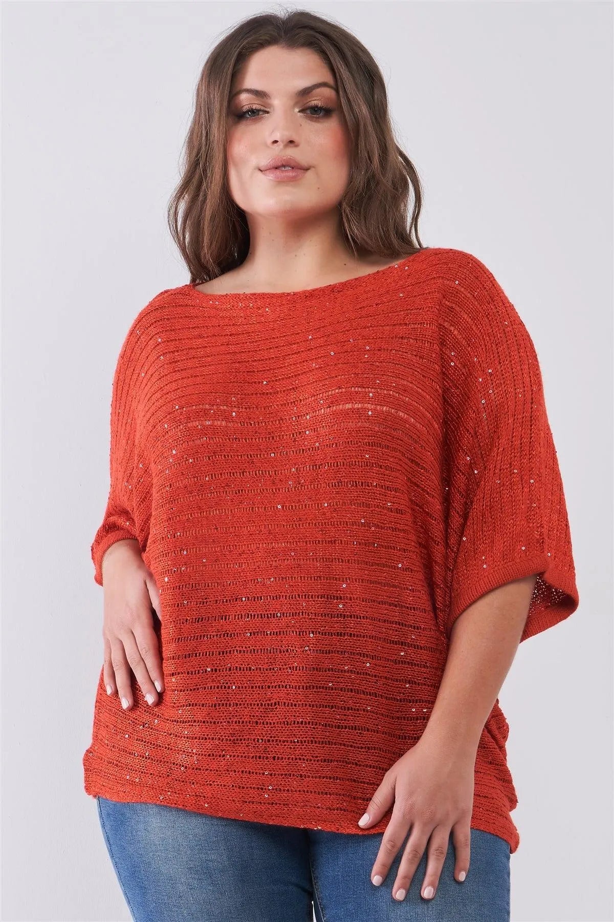 Junior Plus Size Dark Coral Sequin Sheer Knit Bateau Neck Drop Shoulder Loose Fit Top /2-1-2 - Tasha Apparel Wholesale