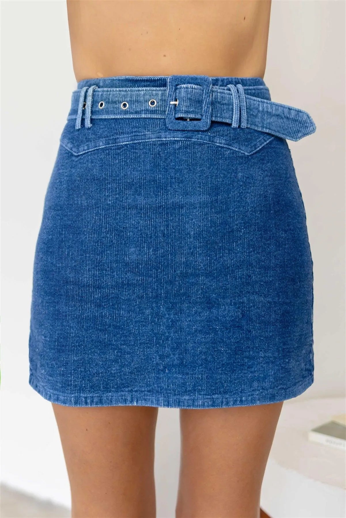 Blue Cotton Corduroy Retro Belted Skirt /3-2-1 - Tasha Apparel Wholesale
