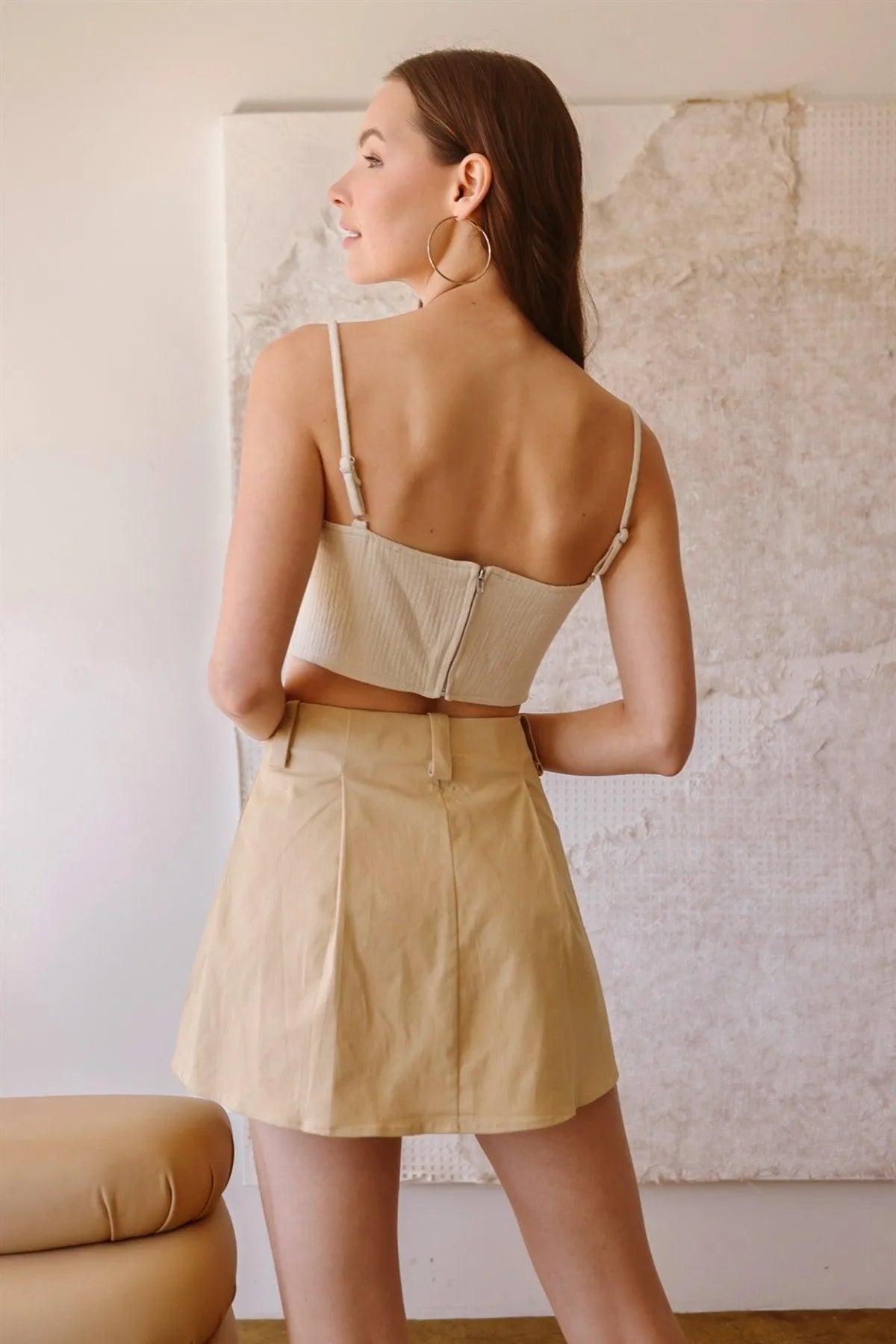 Taupe Cotton Pleated Two Pocket Mini Skirt /1-2-1 - Tasha Apparel Wholesale