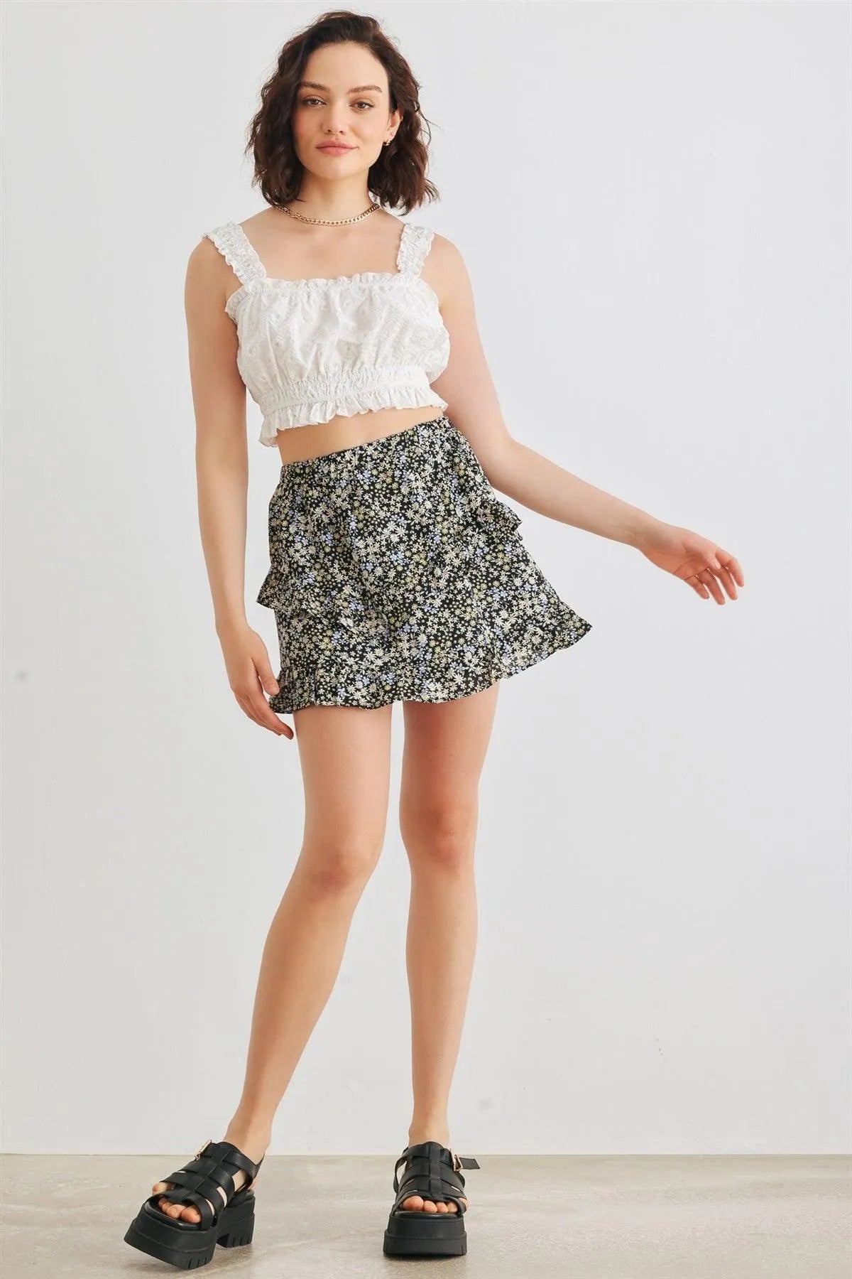 Black Multi Floral High Waist Tiered Mini Skirt /3-2-1 - Tasha Apparel Wholesale