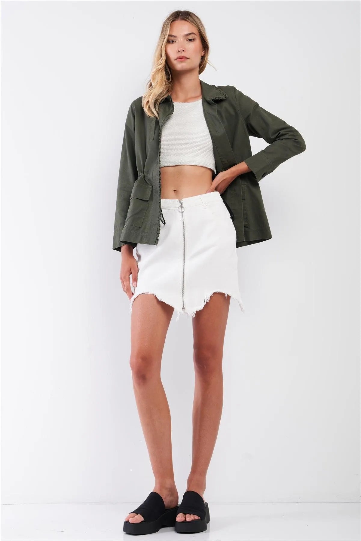 High Waisted Denim Raw Hem Front Zip Mini Jean Skirt - Tasha Apparel Wholesale