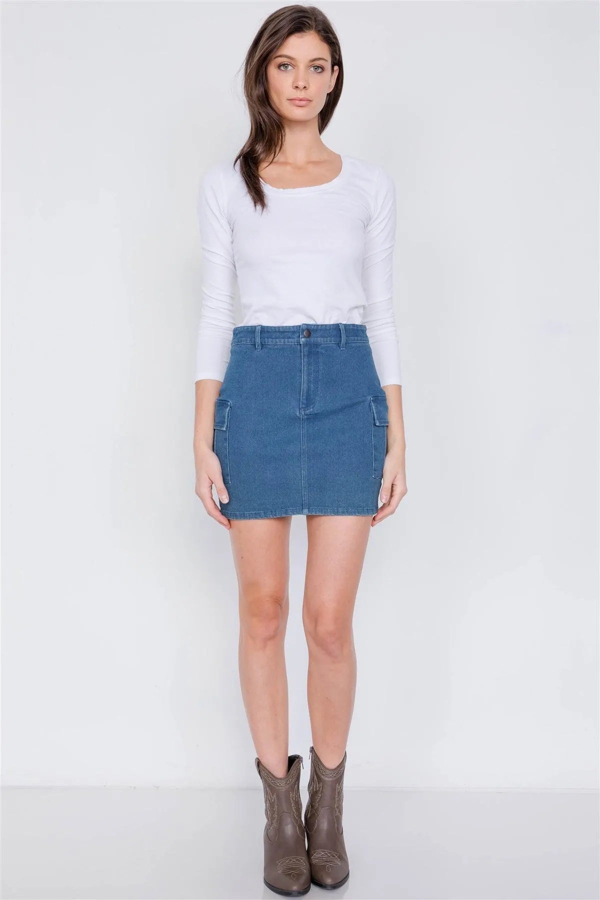Denim Blue Vintage Washed Chic Cargo Pockets Mini Skirt /3-2-1 - Tasha Apparel Wholesale