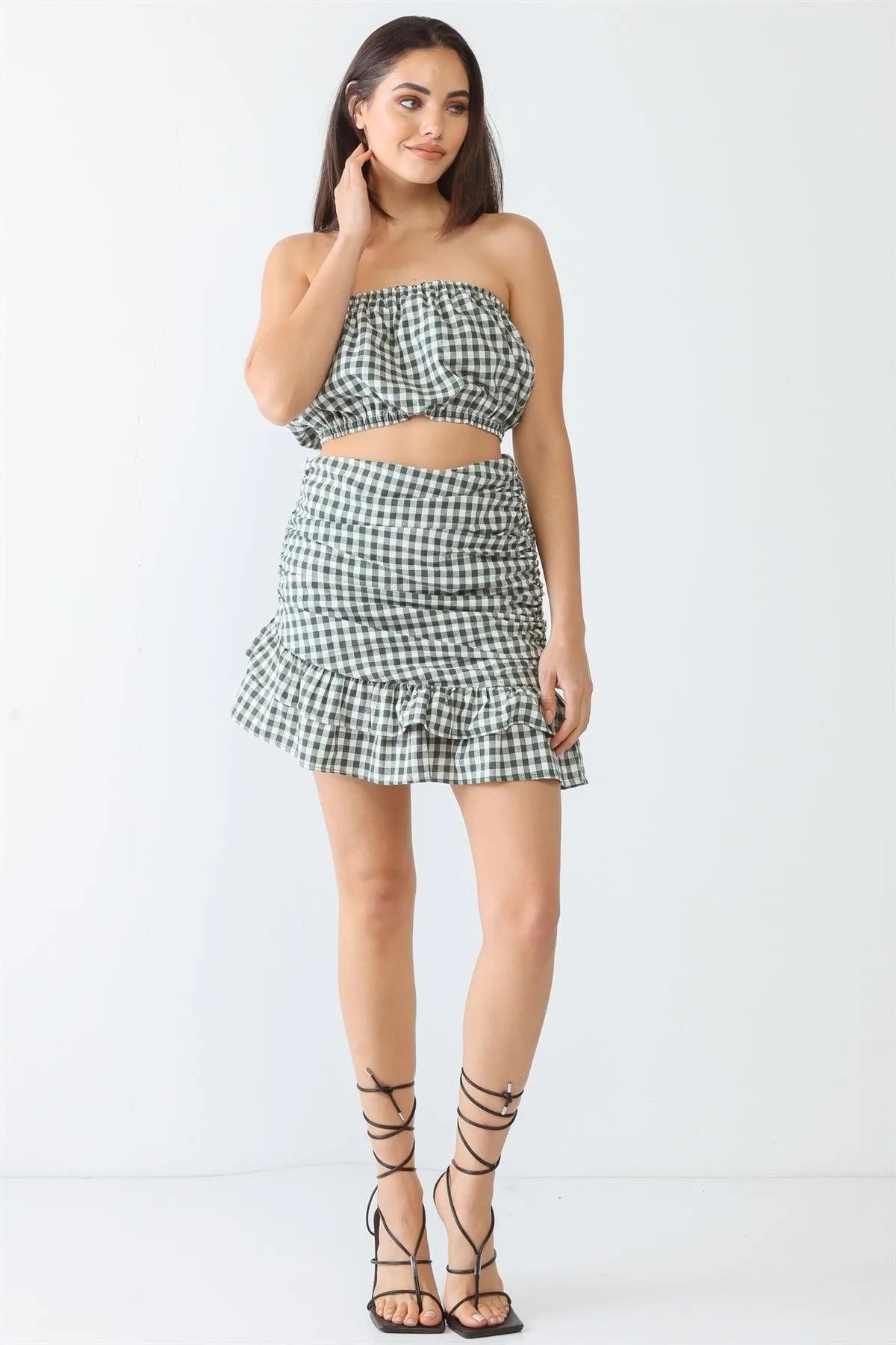 Green Plaid Strapless Crop Top & Flare Hem Mini Skirt Set - Tasha Apparel Wholesale