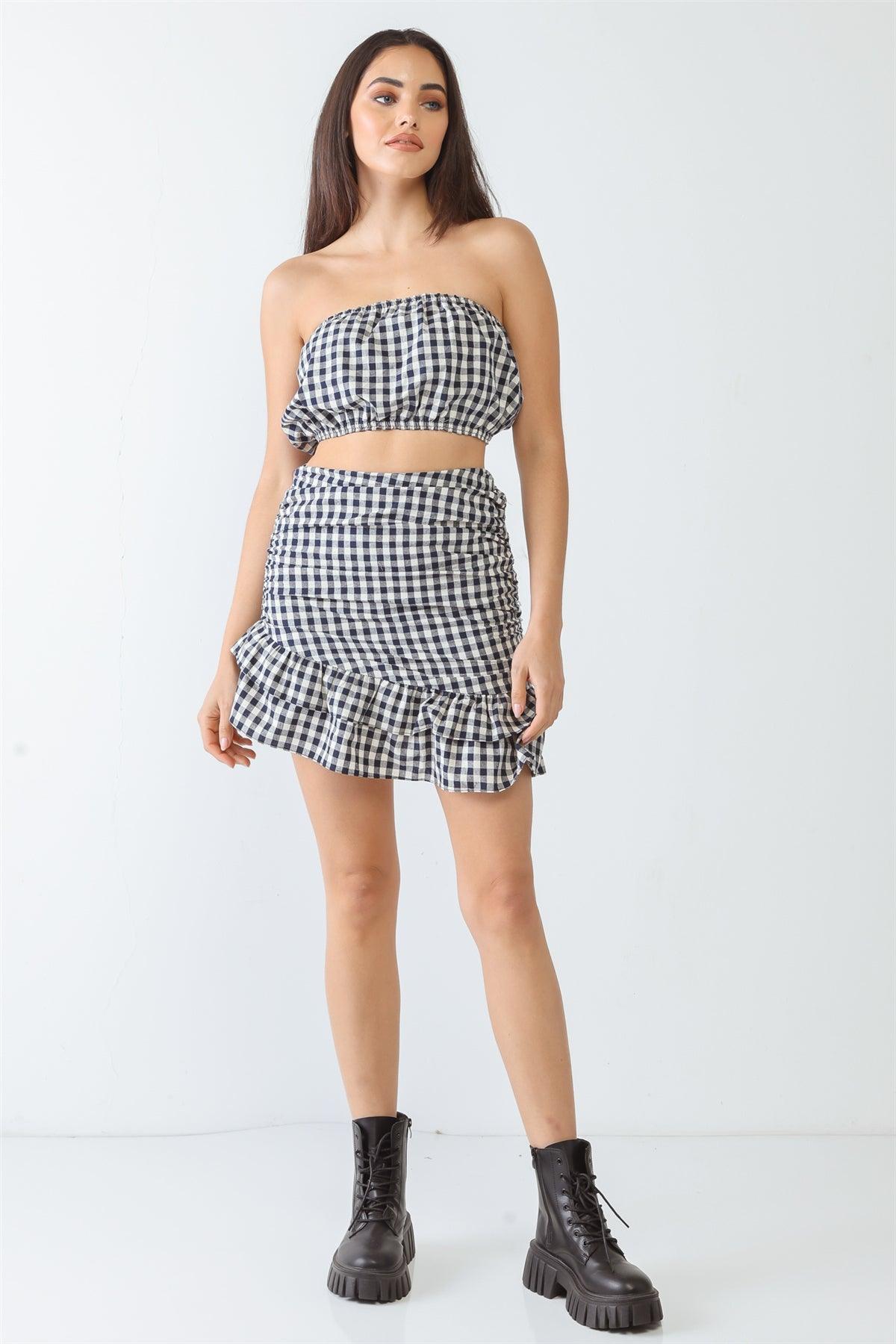 Navy Plaid Cotton Strapless Crop Top & High Waist Flare Hem Mini Skirt Set /3-2-1