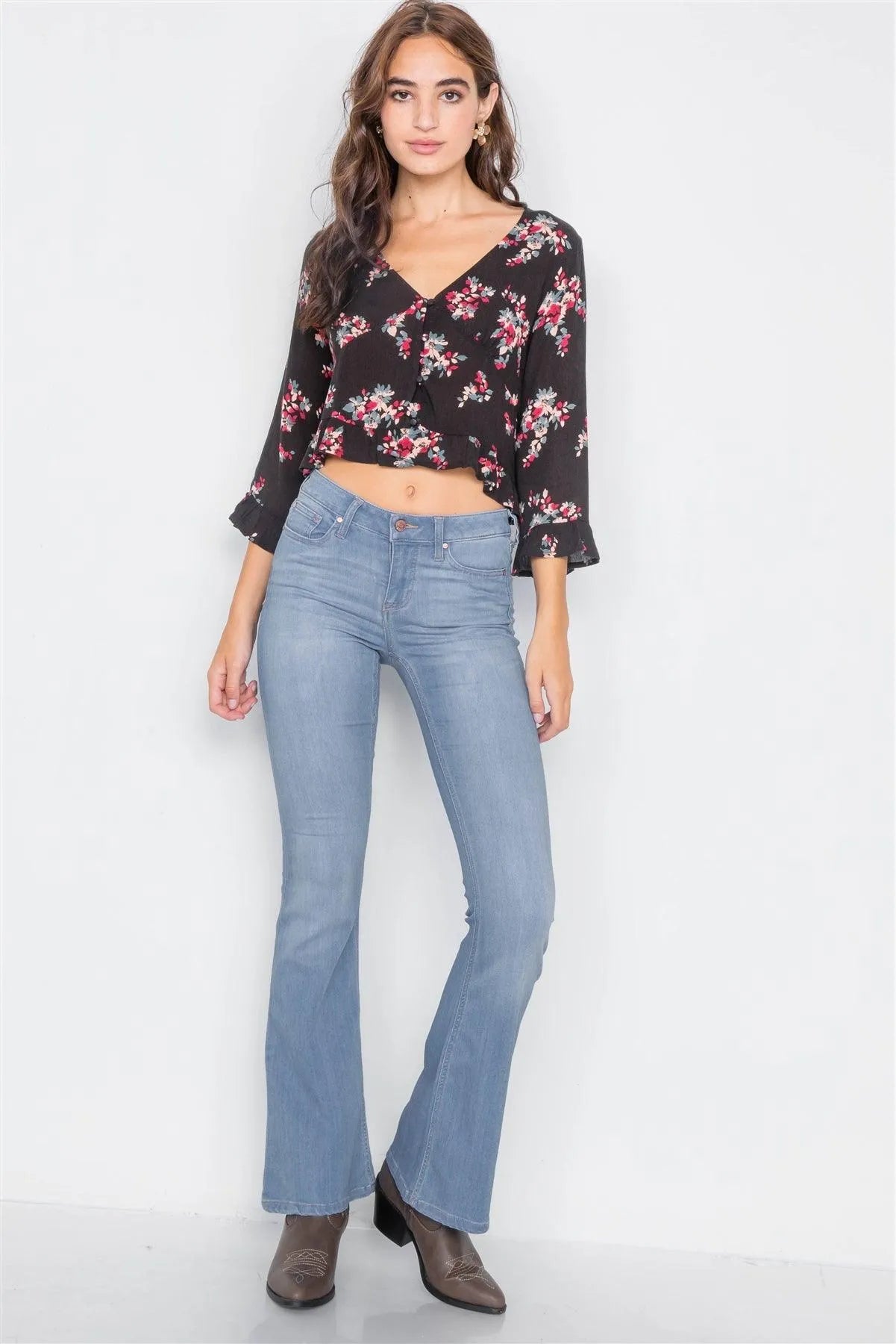 Black Semi-Sheer Floral High-Low Flounce Hem Blouse /2-2-2 - Tasha Apparel Wholesale