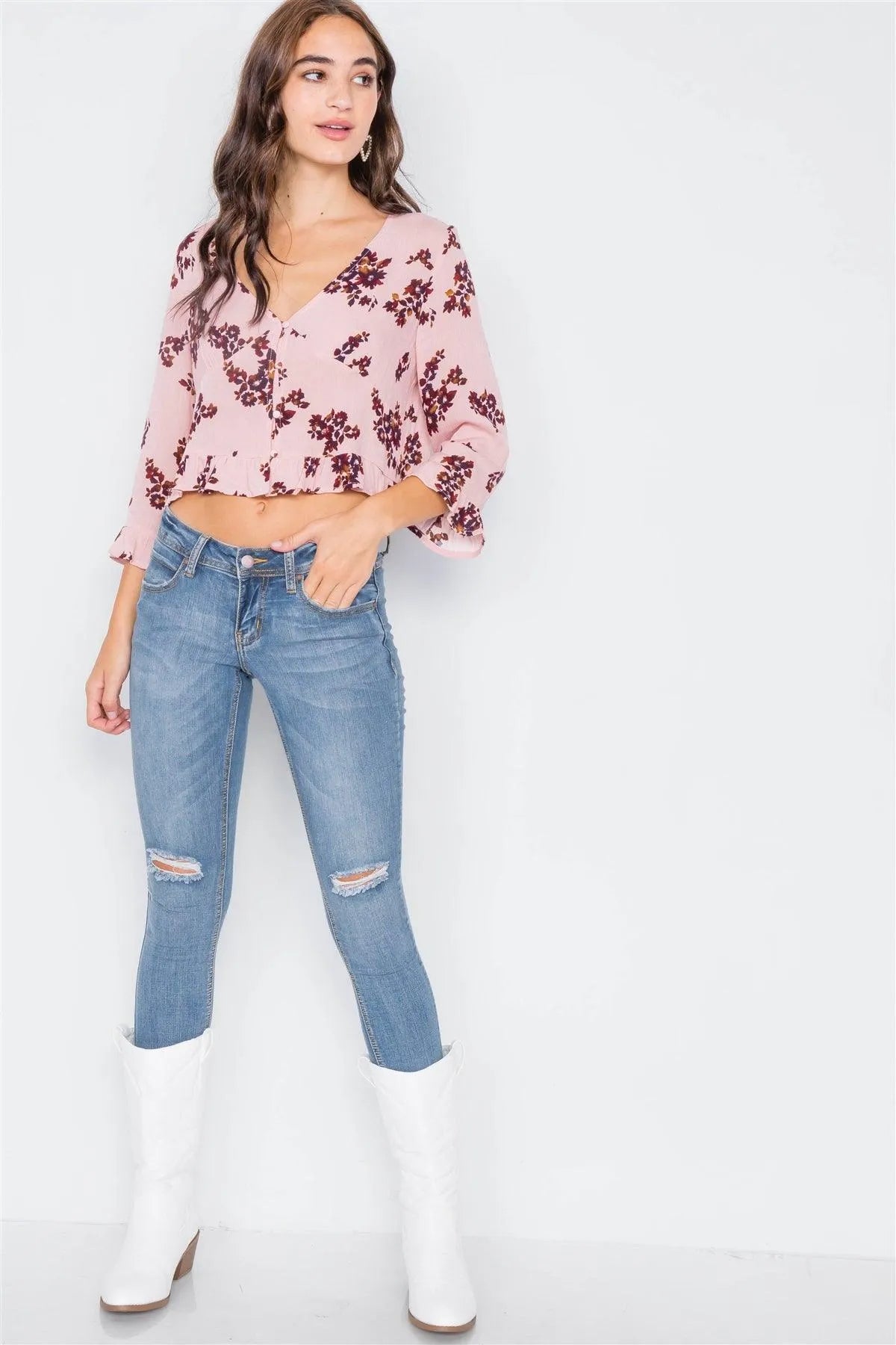 Mauve Semi-Sheer Floral High-Low Flounce Hem Blouse /2-2-2 - Tasha Apparel Wholesale