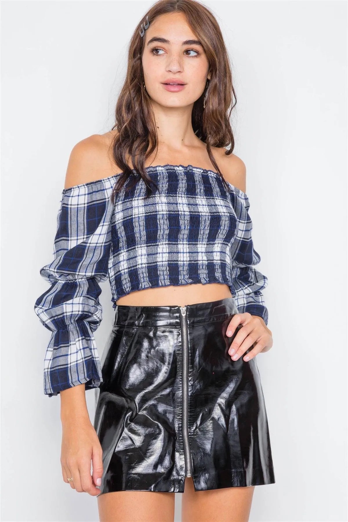 Navy Plaid Ruched Off-The-Shoulder Tiered Bell Sleeve Crop Top /2-2-2 - Tasha Apparel Wholesale