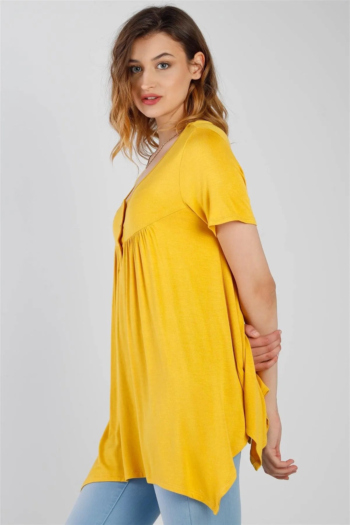 Ash Yellow Button Up Detail Handkerchief Hem Short Sleeve Top /1-2-2-1 - Tasha Apparel Wholesale