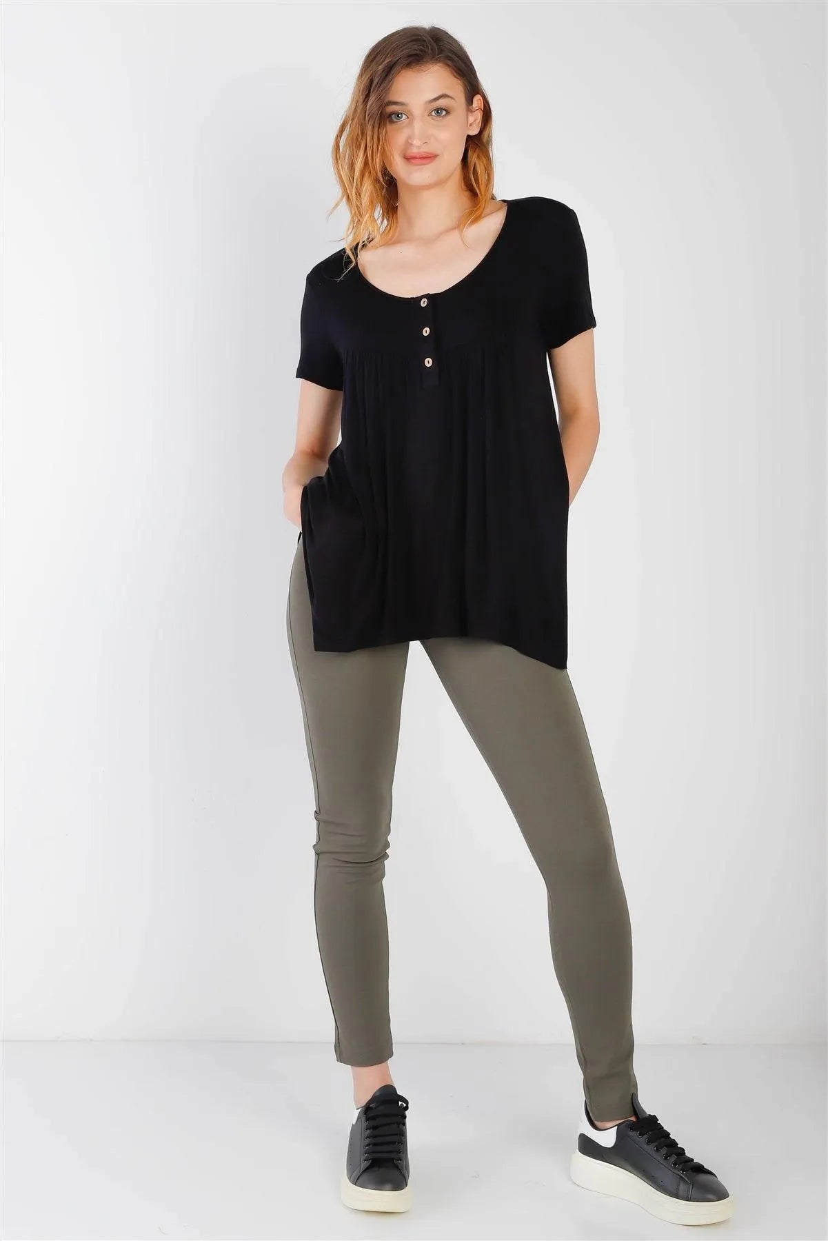 Black Button Up Detail Handkerchief Hem Short Sleeve Top /1-2-2-1 - Tasha Apparel Wholesale