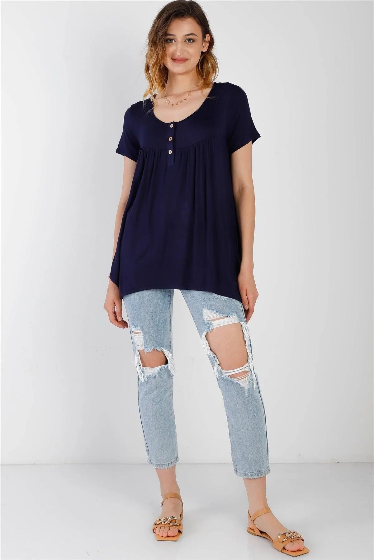 Navy Button Up Detail Handkerchief Hem Short Sleeve Top /1-2-2-1 - Tasha Apparel Wholesale