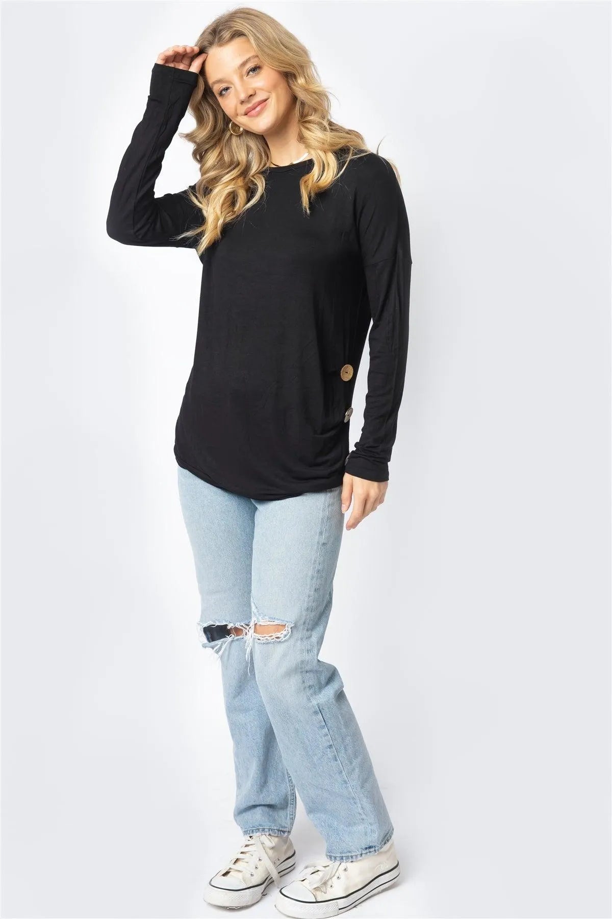 Black Side Bottom Button Detail Long Sleeve Top - Tasha Apparel Wholesale