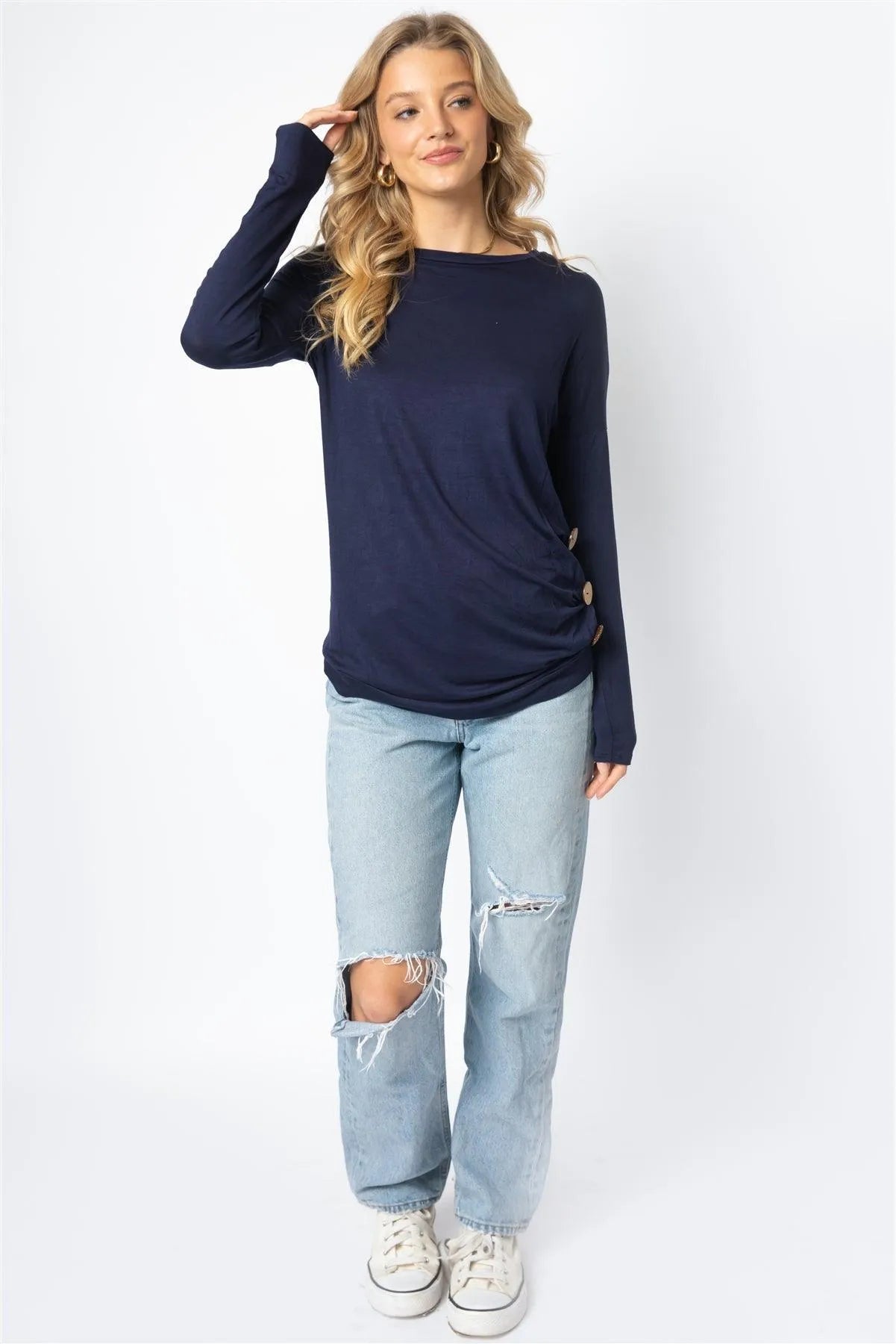 Navy Side Bottom Button Detail Long Sleeve Top - Tasha Apparel Wholesale