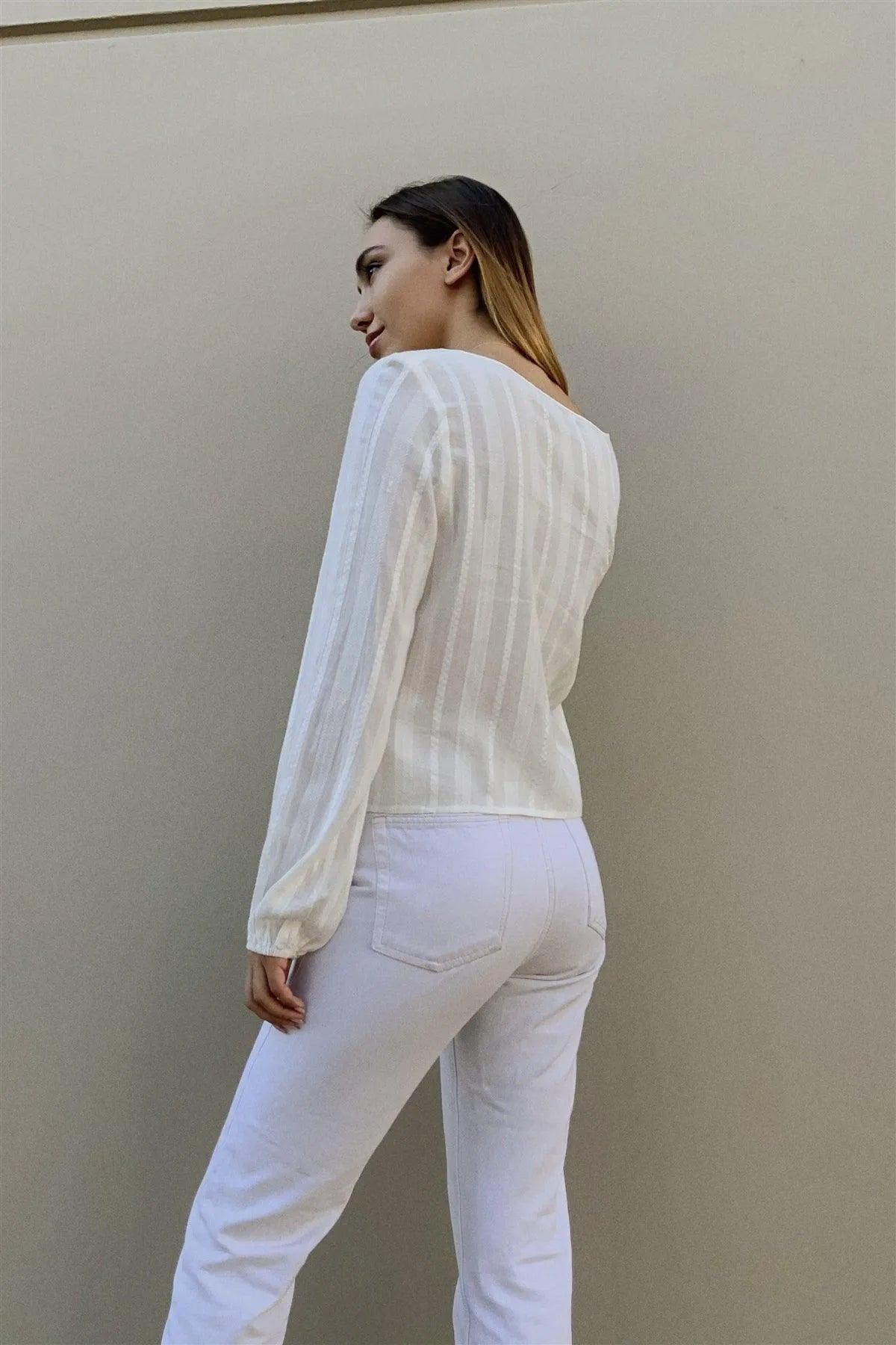 Cream V-Neck Long Sleeve Front Drawstring Crop Top - Tasha Apparel Wholesale