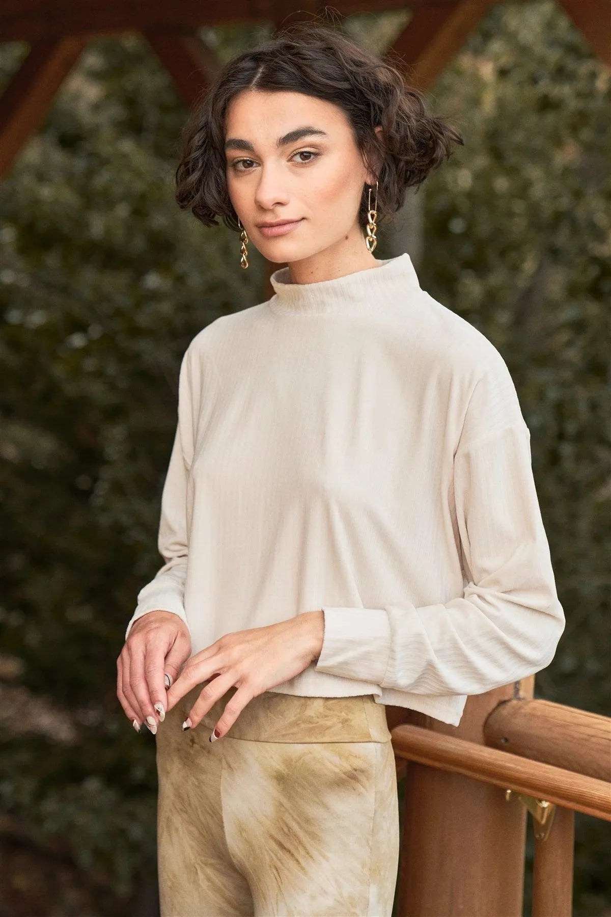 Pristine Ivory Velvet Long Volume Sleeve High Neck Top /3-2-1 - Tasha Apparel Wholesale