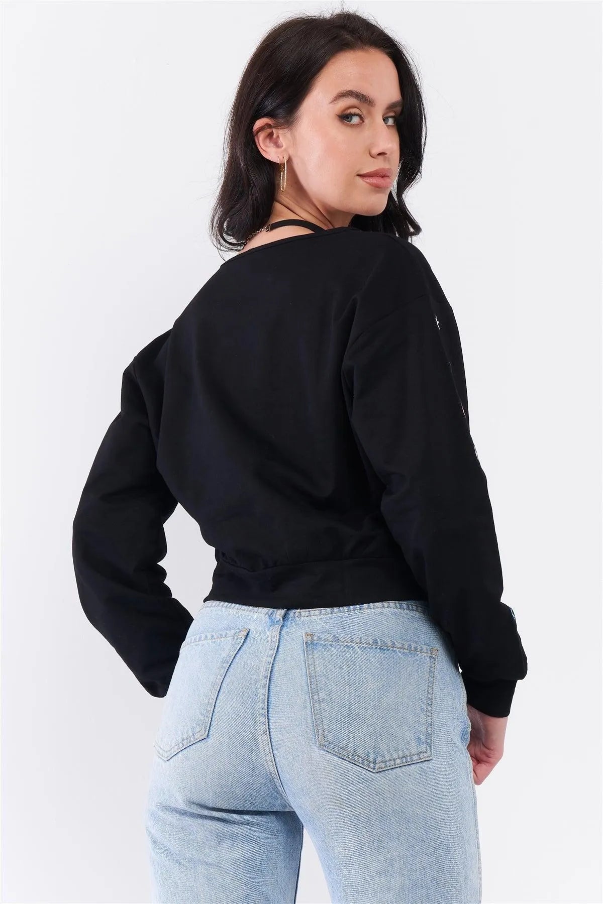 Black Star Embellished Long Sleeve Wrap V-Neck Crop Sweatshirt /3-2-1 - Tasha Apparel Wholesale