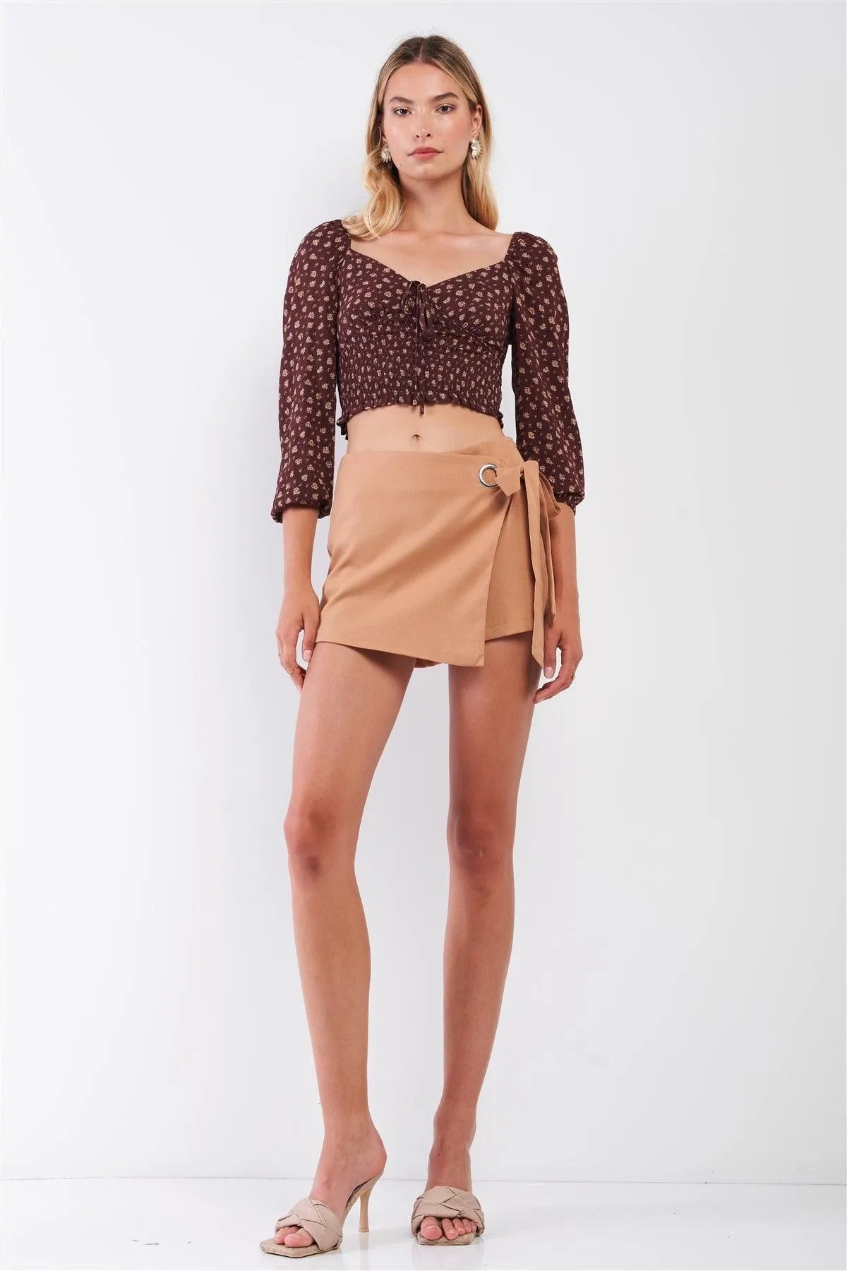 Brown & Taupe Floral Print V-Neck 3/4 Balloon Sleeve Smocked Cropped Top /3-2-1 - Tasha Apparel Wholesale