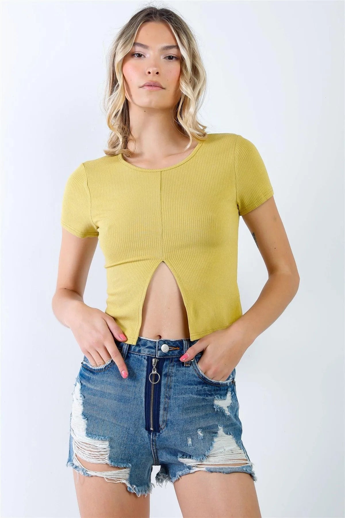 Wasabi Green Ribbed Front Slit Short Sleeve Crop Top /3-2-1 - Tasha Apparel Wholesale
