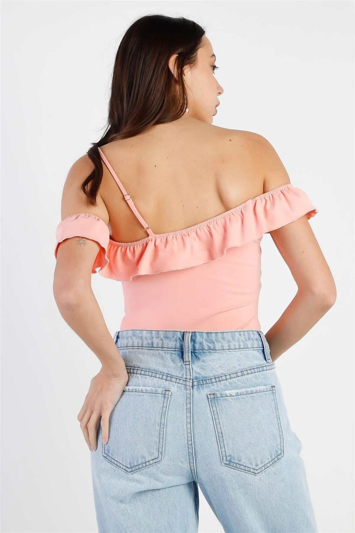 Pink Off-The Shoulder Ruffle Trim Asymmetric Bodysuit /3-2-1 - Tasha Apparel Wholesale