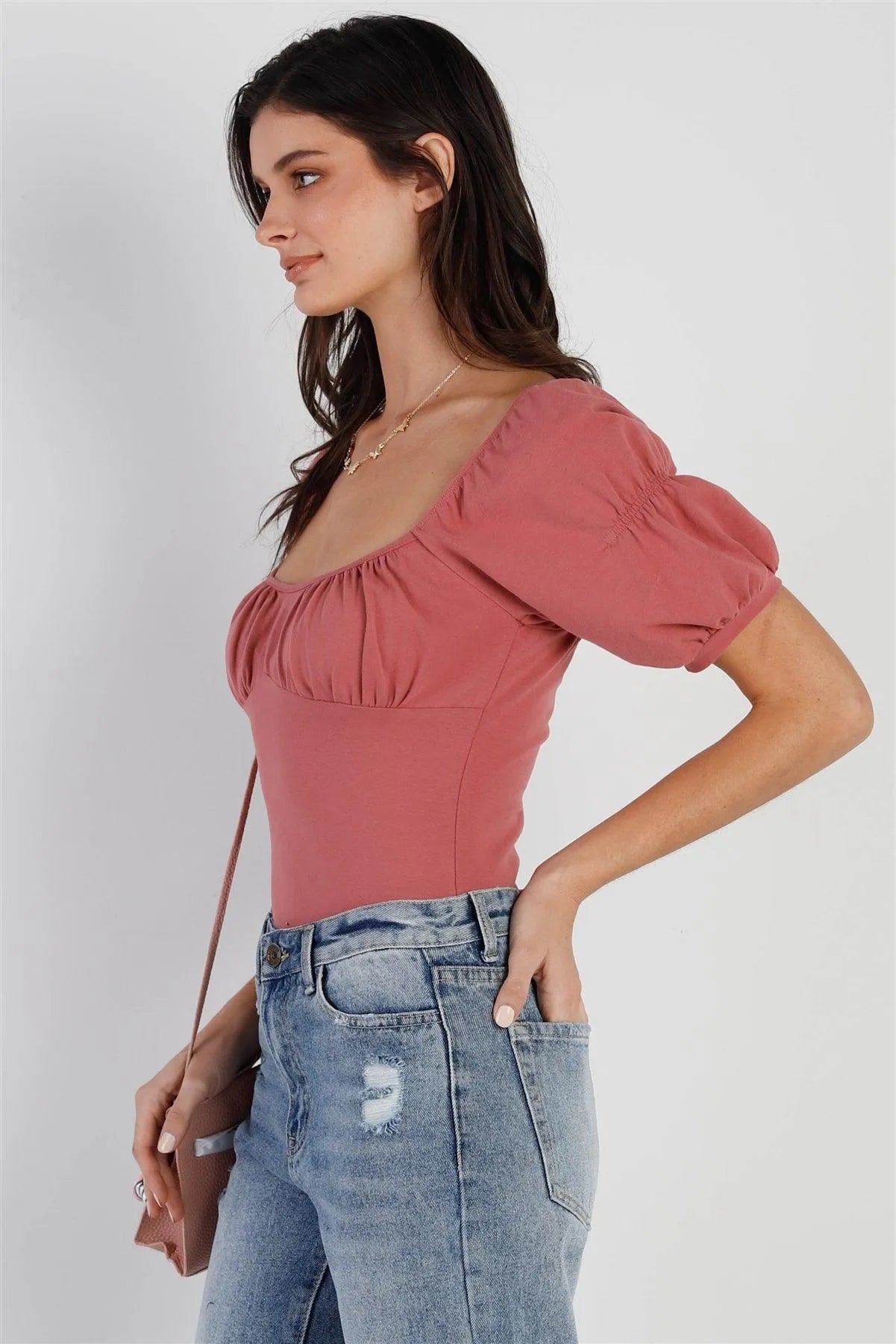 Rose Cotton Ruched Short Sleeve Bustier Bodysuit /3-2-1 - Tasha Apparel Wholesale