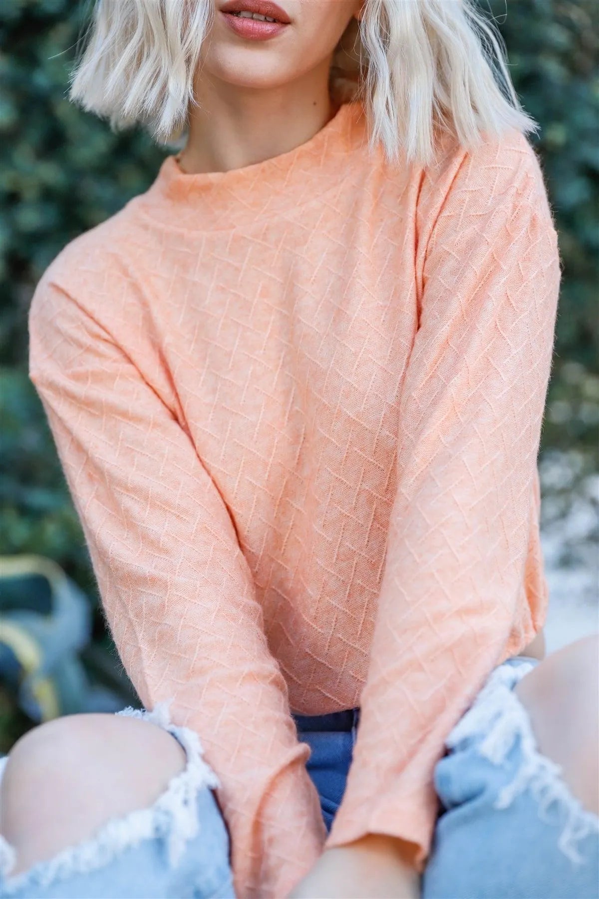 Orange Textured Self-Tie Hem Mock Neck Top /3-2-1 - Tasha Apparel Wholesale