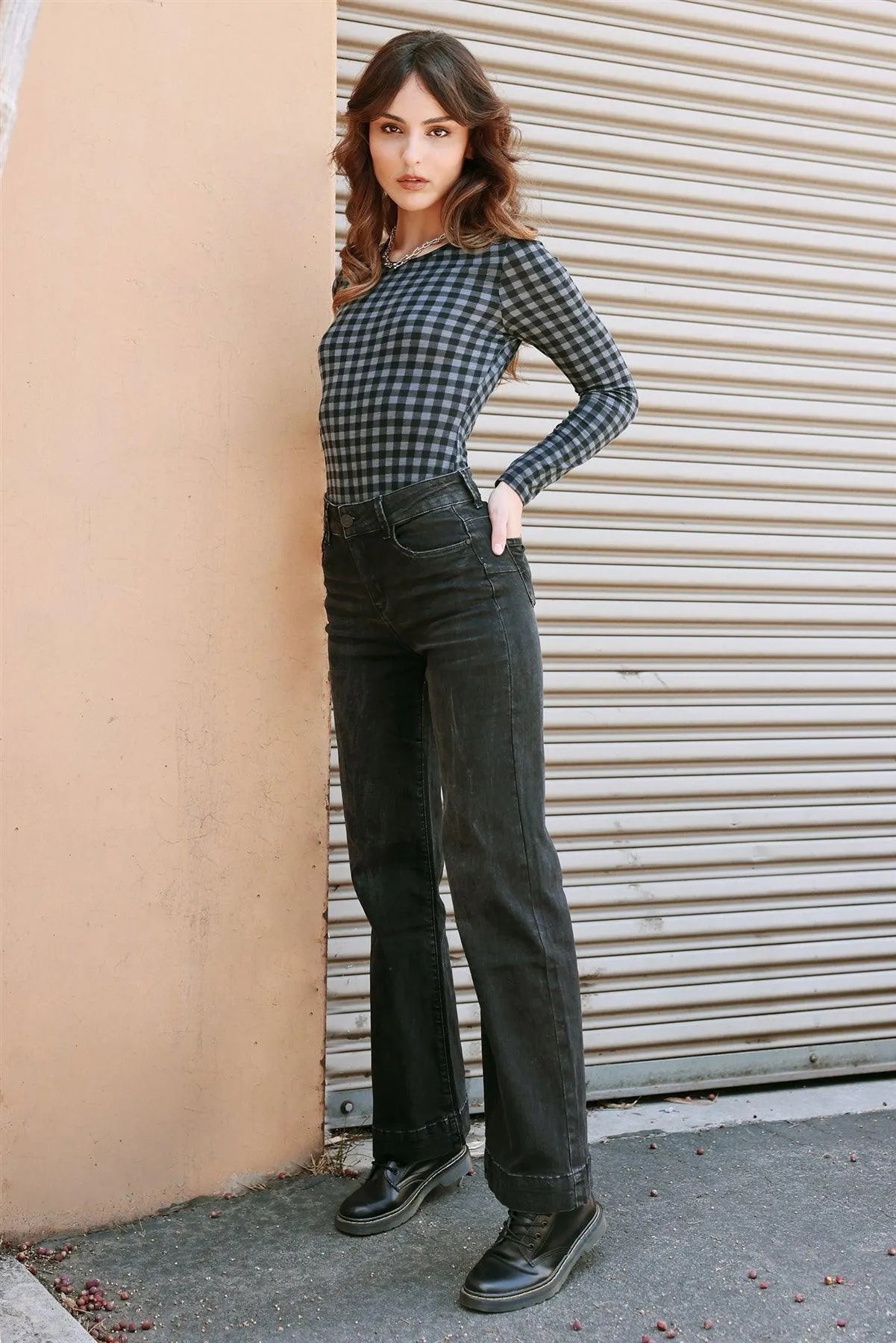 Charcoal Black Plaid Long Sleeve Bodysuit /3-2-1 - Tasha Apparel Wholesale