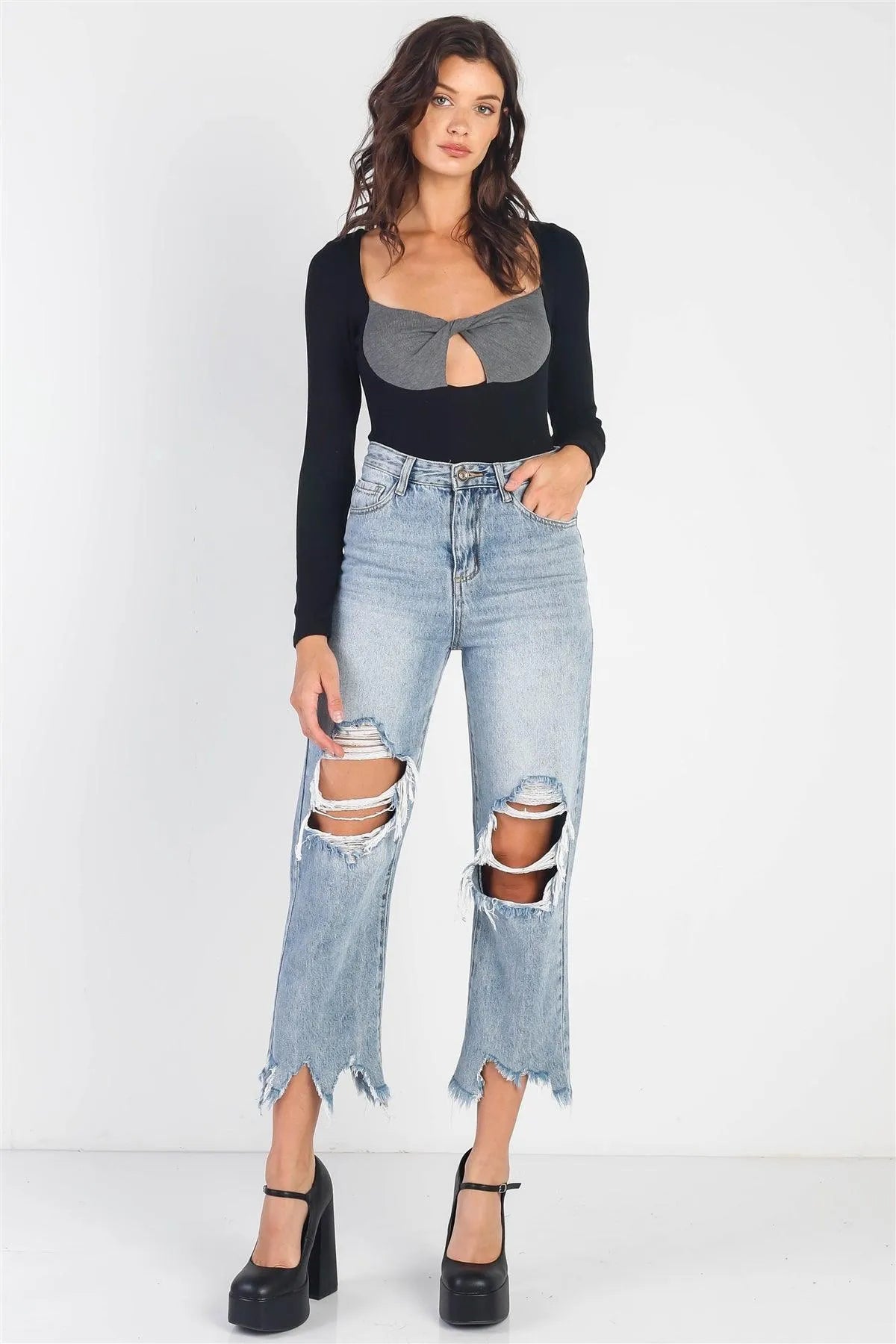 Black & Grey Ribbed Twisted Bustier Detail Bodysuit /3-2-1 - Tasha Apparel Wholesale