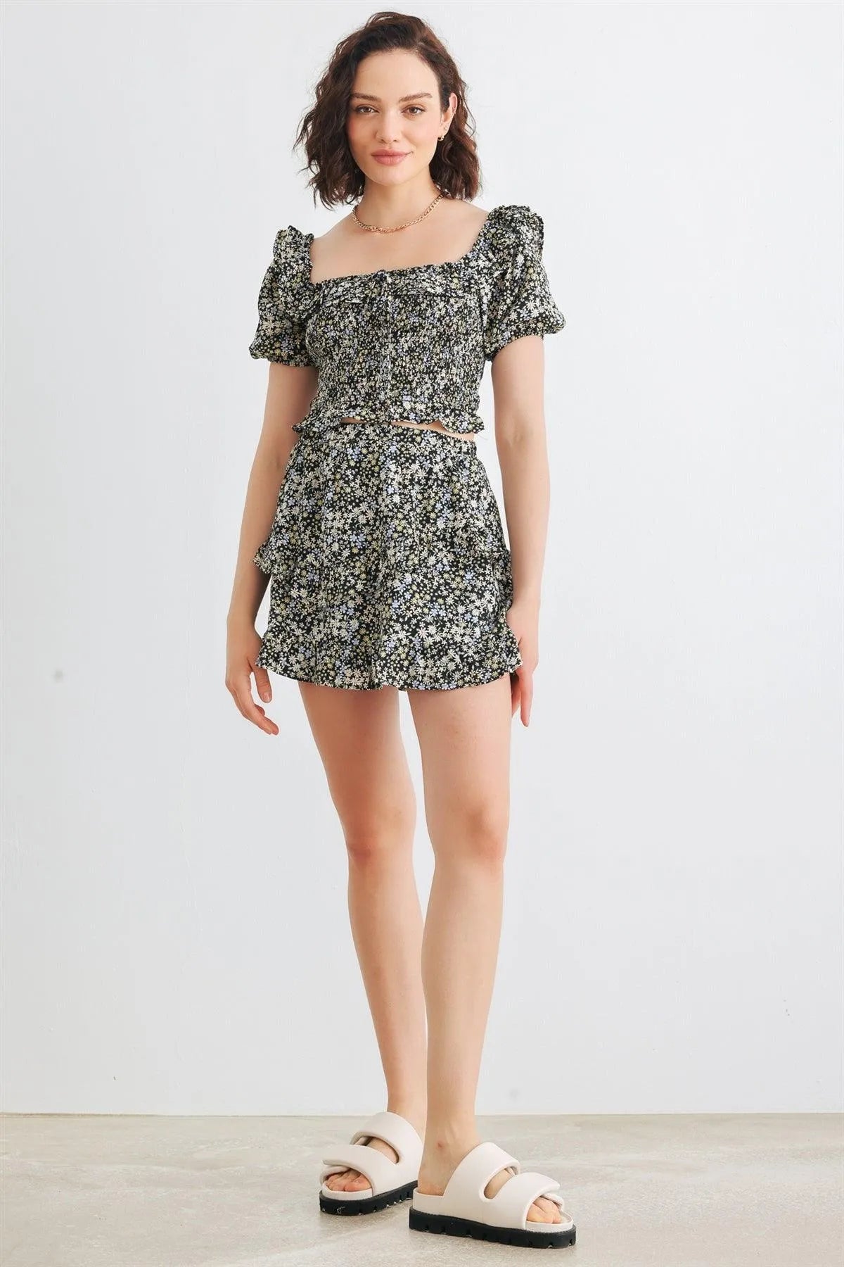 Black Multi Floral Smocked Collared Neck Short Sleeve Crop Top & High Waist Tiered Skirt Set /3-2-1 - Tasha Apparel Wholesale