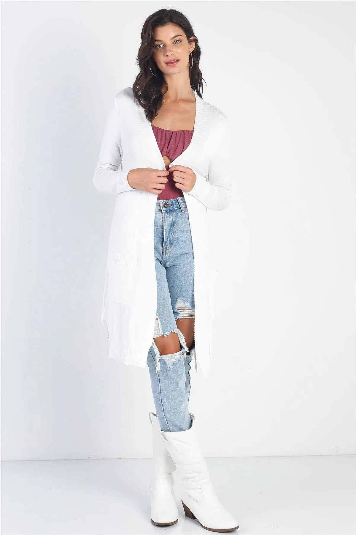 Ivory Open Front Two Pocket Relax Fit Cardigan /2-2-2 - Tasha Apparel Wholesale