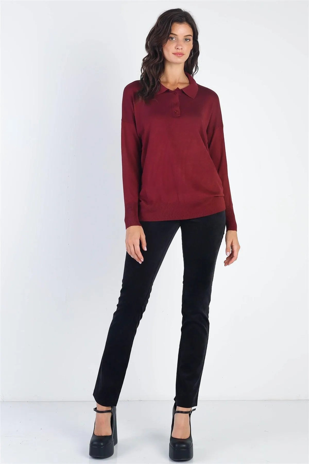 Button Up Collar Neck Long Sleeve Sweater - Tasha Apparel Wholesale