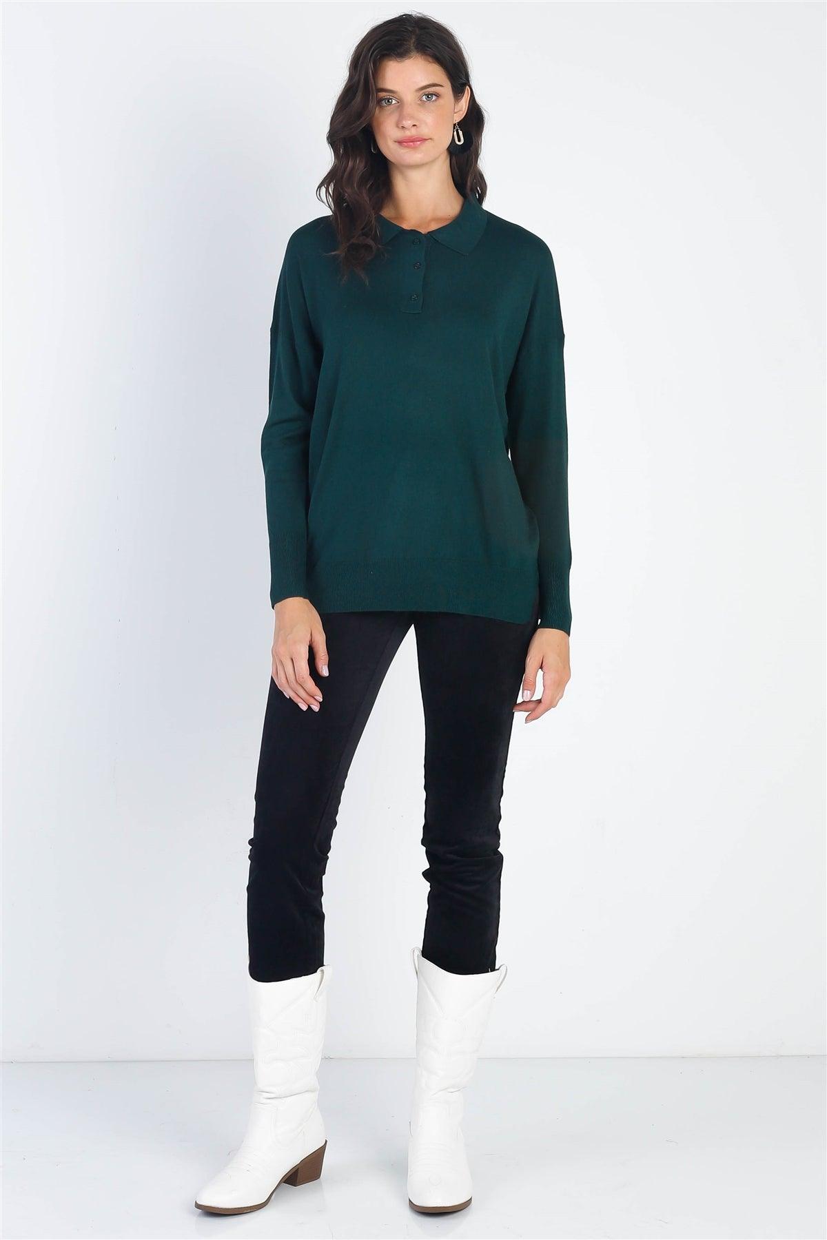 Heather Green Button Up Collar Neck Long Sleeve Sweater /2-2-2