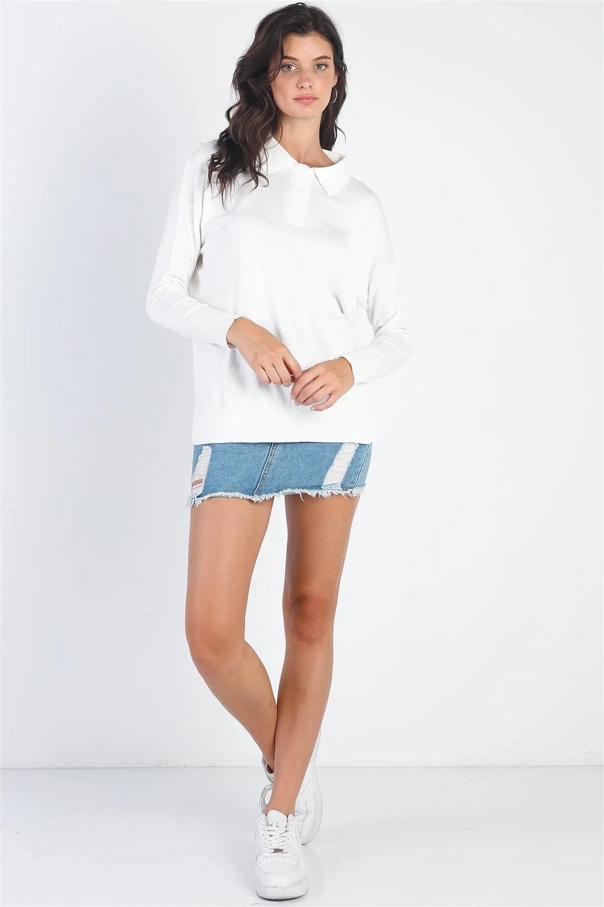 Button Up Collar Neck Long Sleeve Sweater - Tasha Apparel Wholesale