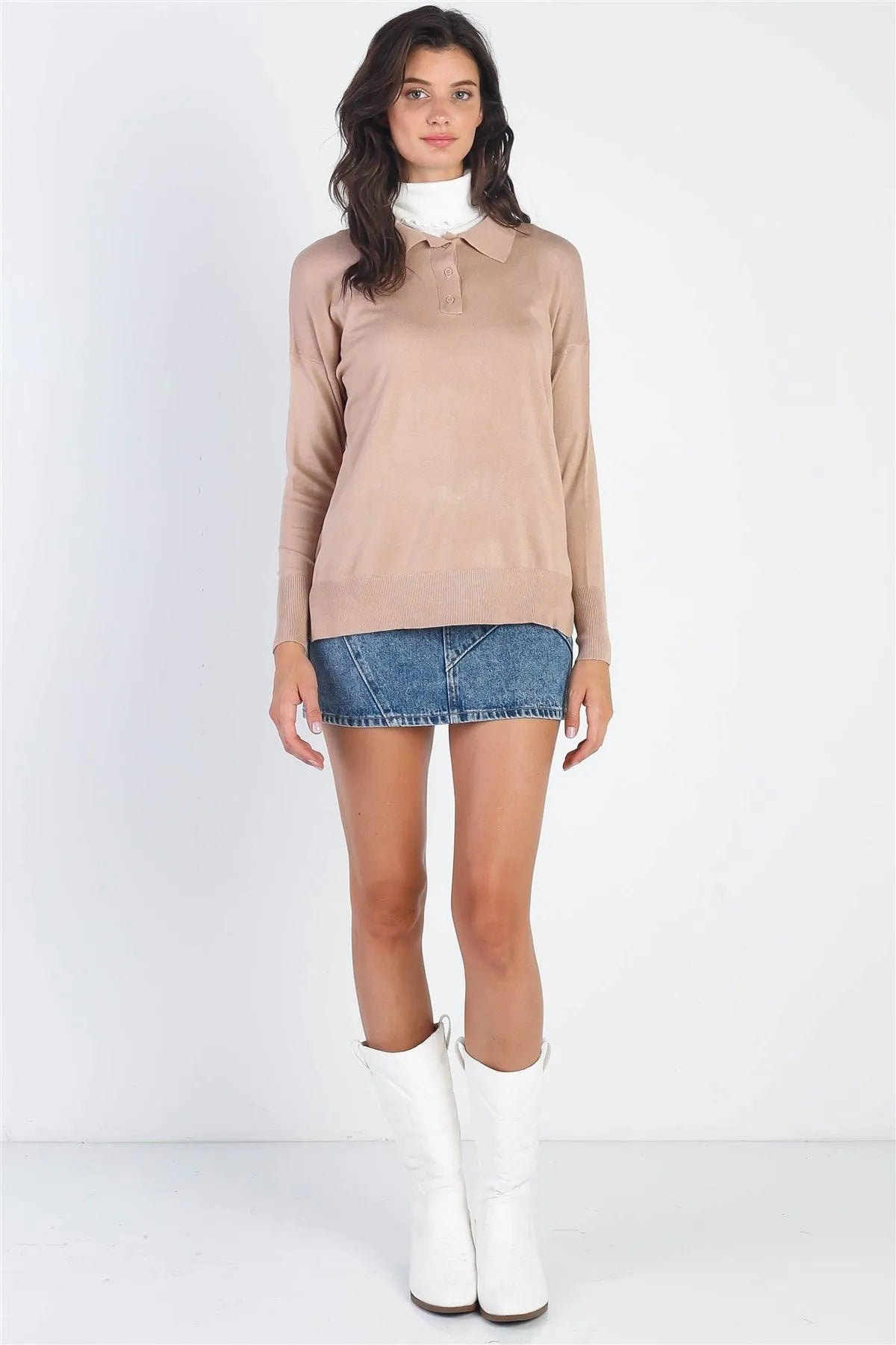 Button Up Collar Neck Long Sleeve Sweater - Tasha Apparel Wholesale