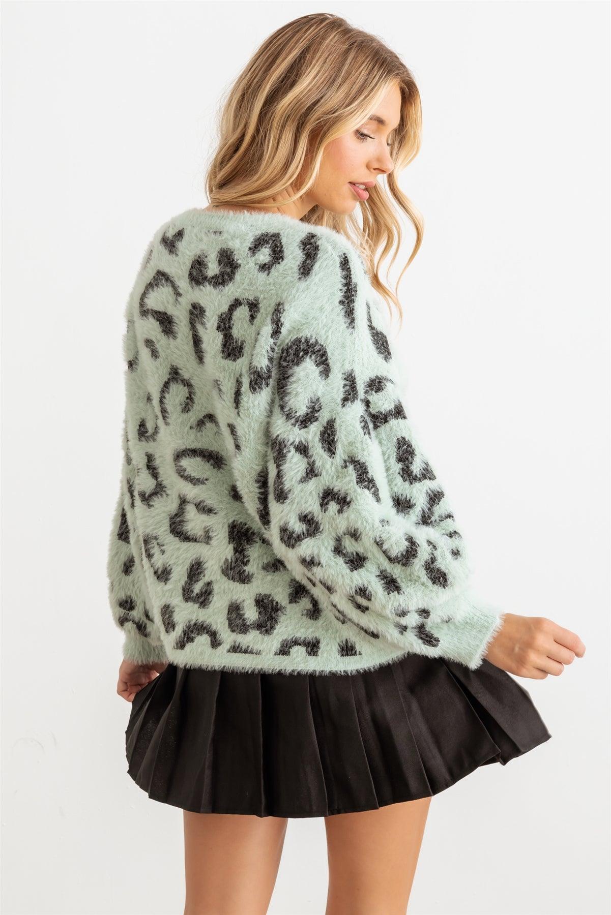 Mint Animal Print Fuzzy Knit Long Sleeve Sweater /2-2-2