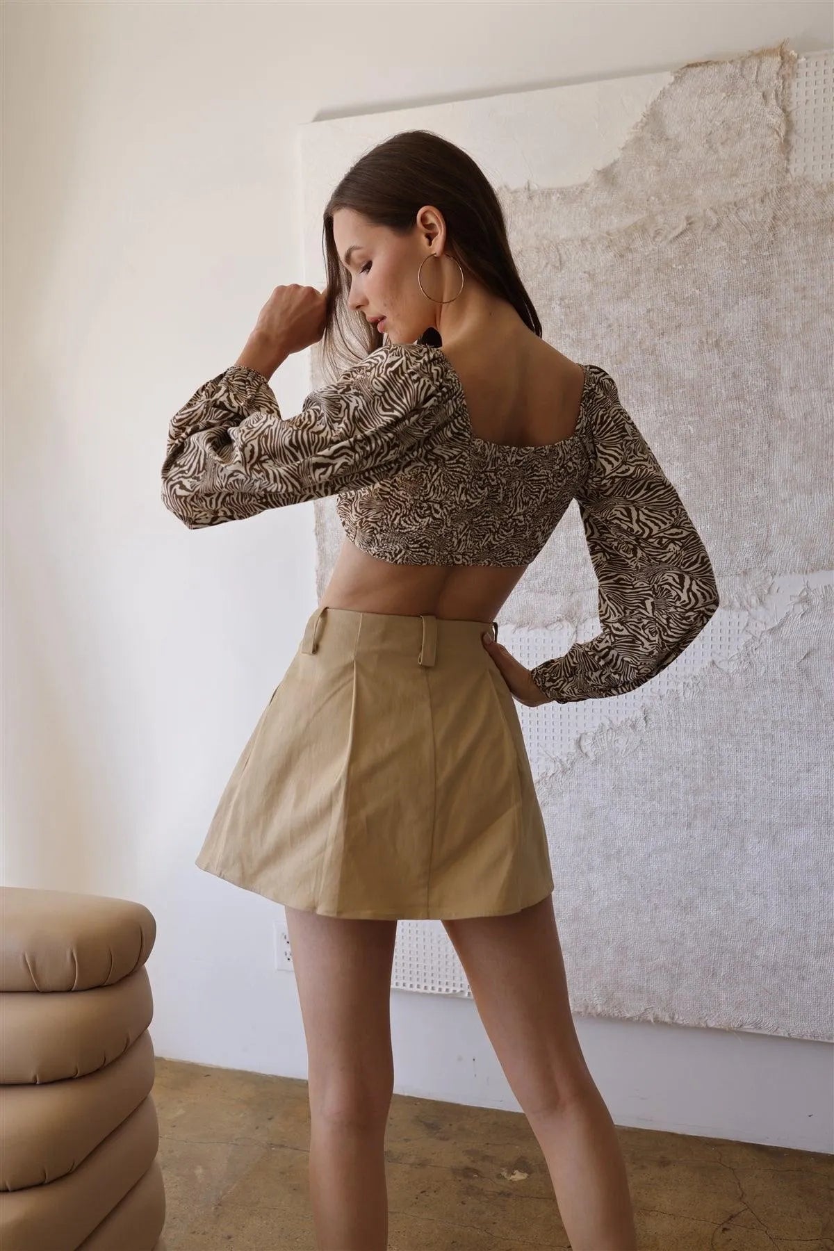 Ivory & Brown Abstract Print Long Sleeve Smocked Back Crop Top /1-2-2-1 - Tasha Apparel Wholesale