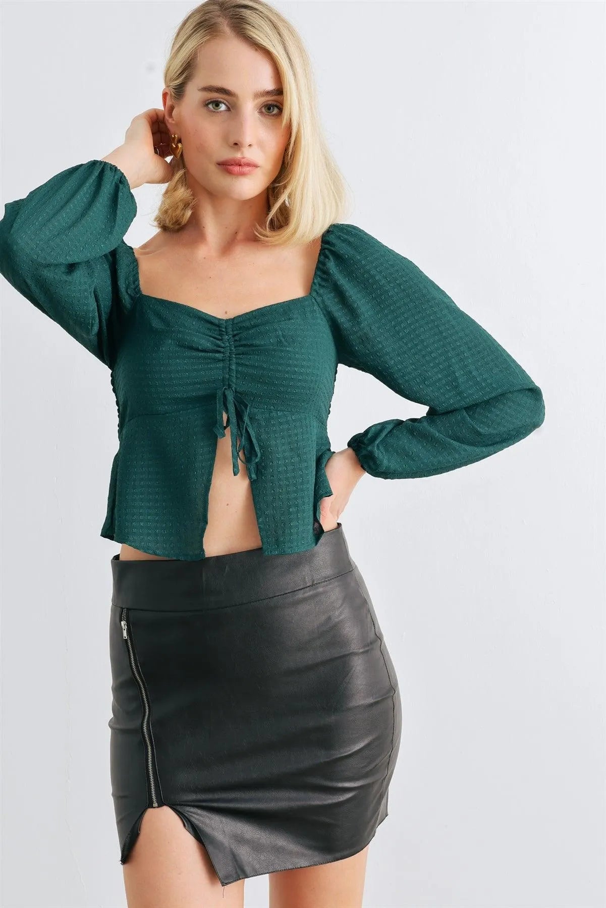 Hunter Green Sweetheart Neck Ruched Flare Hem Long Sleeve Crop Top /1-2-2-1 - Tasha Apparel Wholesale
