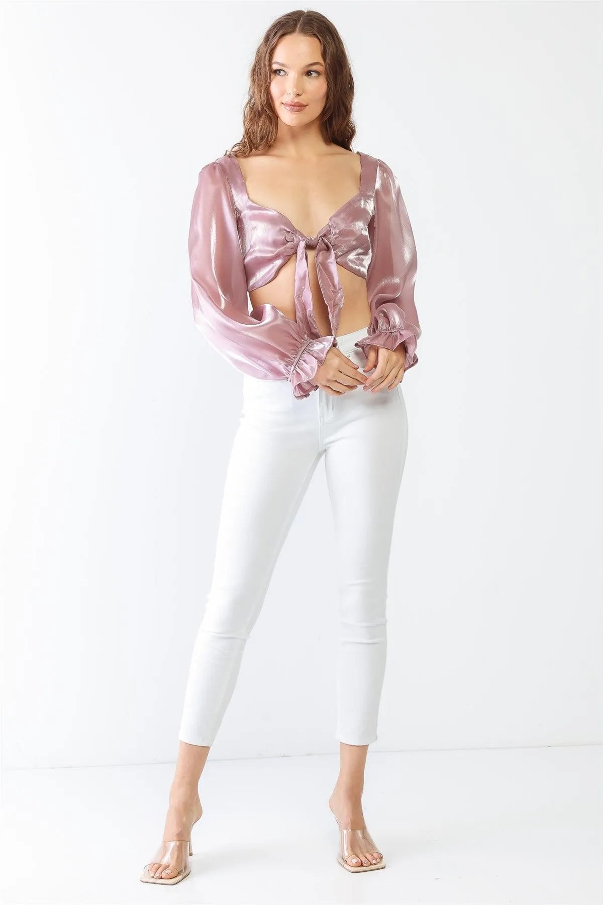 Shiny Organza Puff Balloon Long Sleeve Back Criss-Cross Crop Top - Tasha Apparel Wholesale