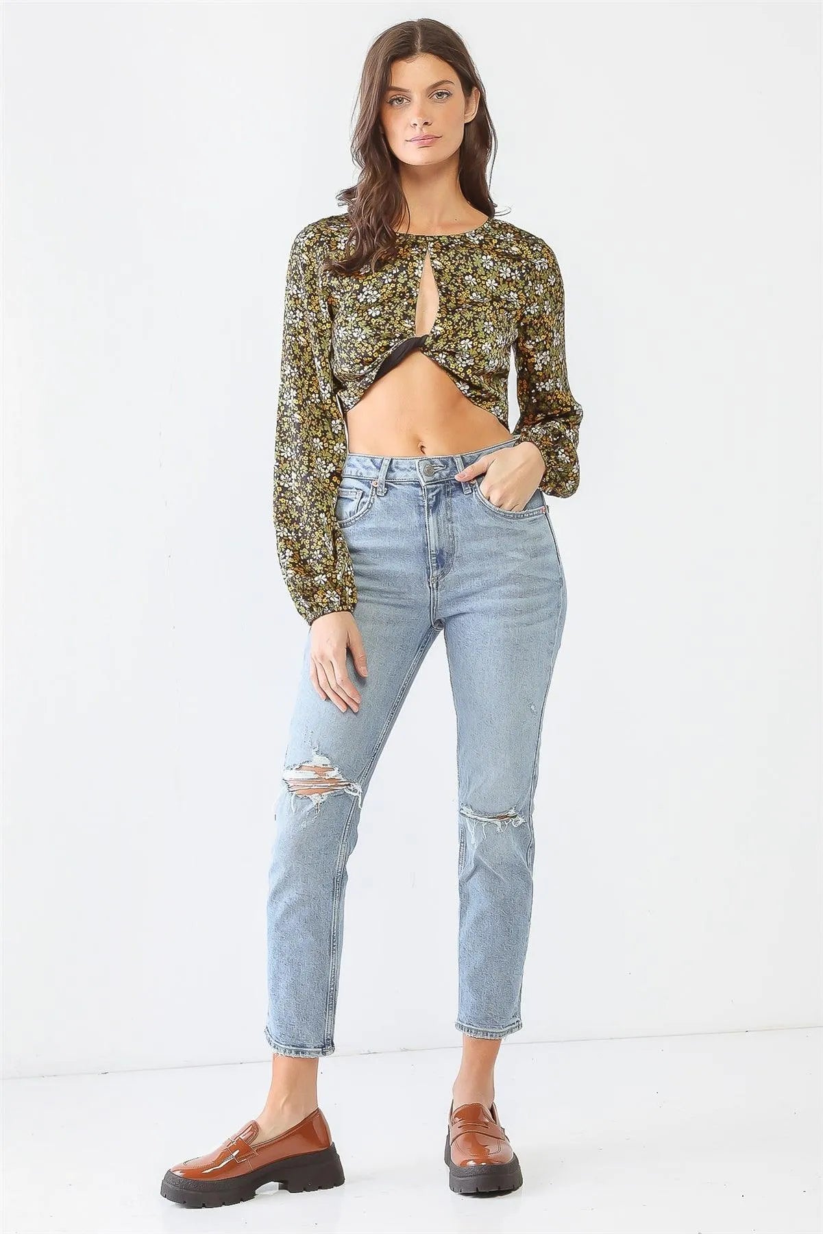 Floral Print Twist Cut-Out Long Sleeve Crop Top /1-2-2-1 - Tasha Apparel Wholesale