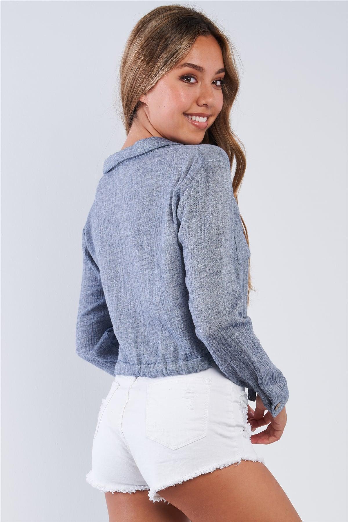 Soft Denim Colored Cropped Collared Long Sleeve Button Up Draw String Waist Tie