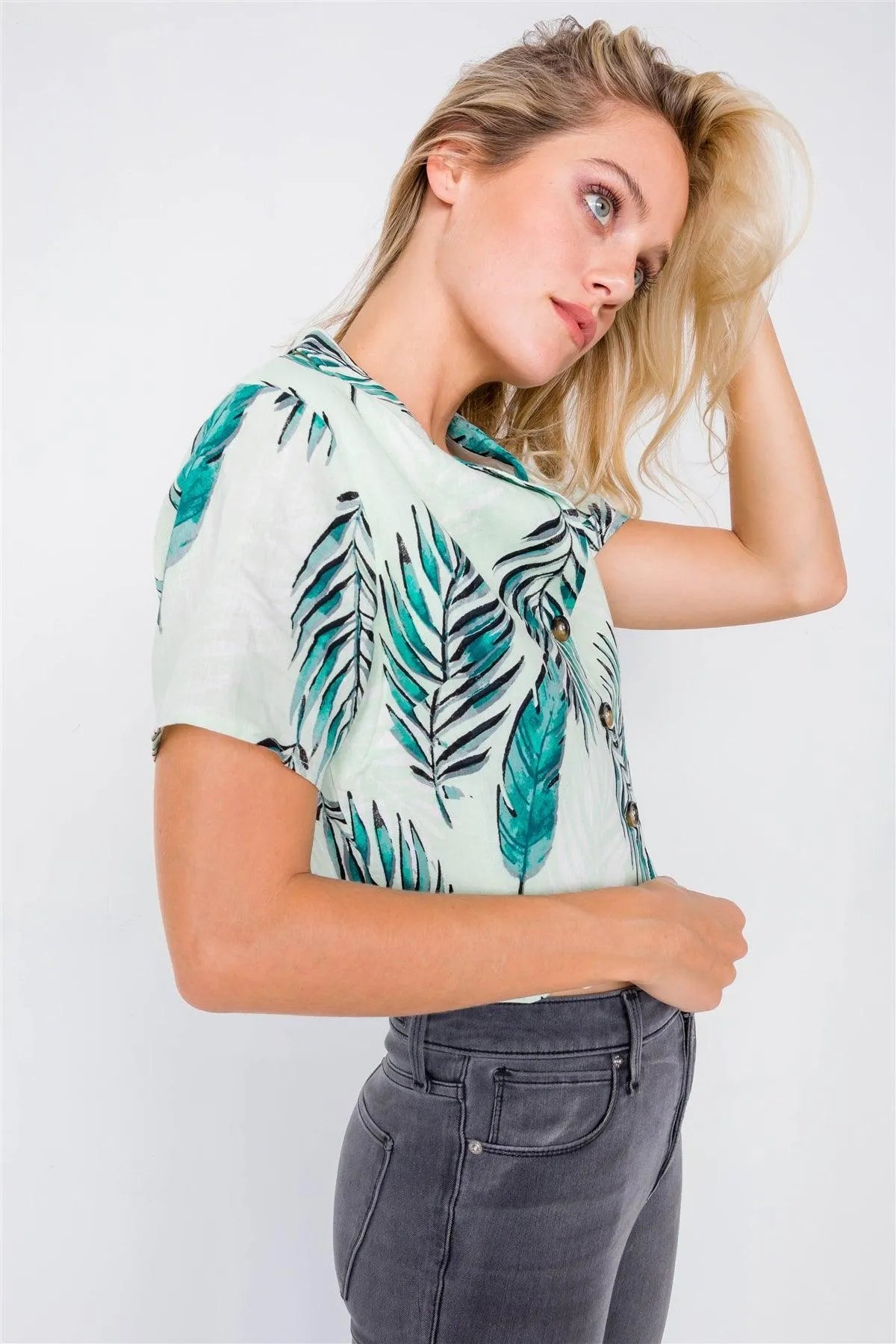 Green Linen Palm Tree WovenChic V-Neck Short Sleeve Top /3-2-1 - Tasha Apparel Wholesale