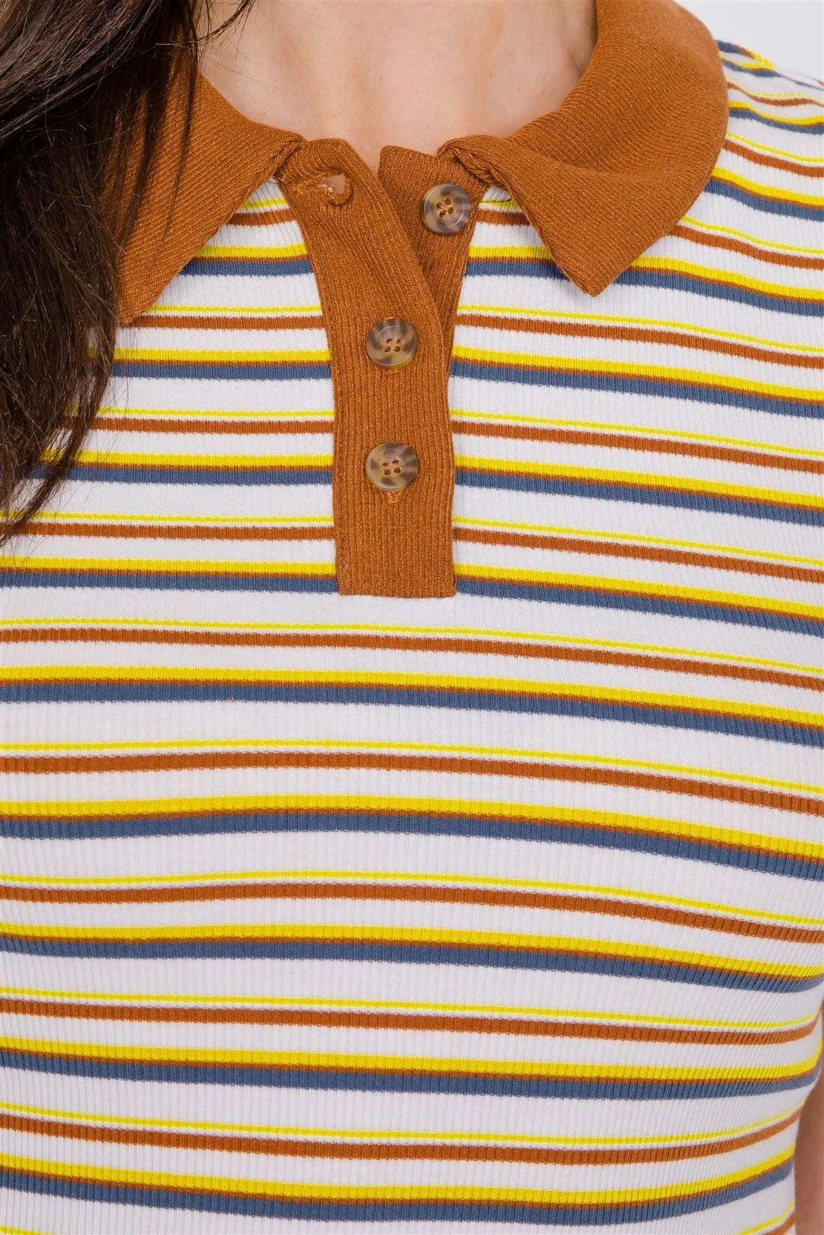 Camel Combo Stripe Crop Polo Short Sleeve T-Shirt /3-2-1 - Tasha Apparel Wholesale