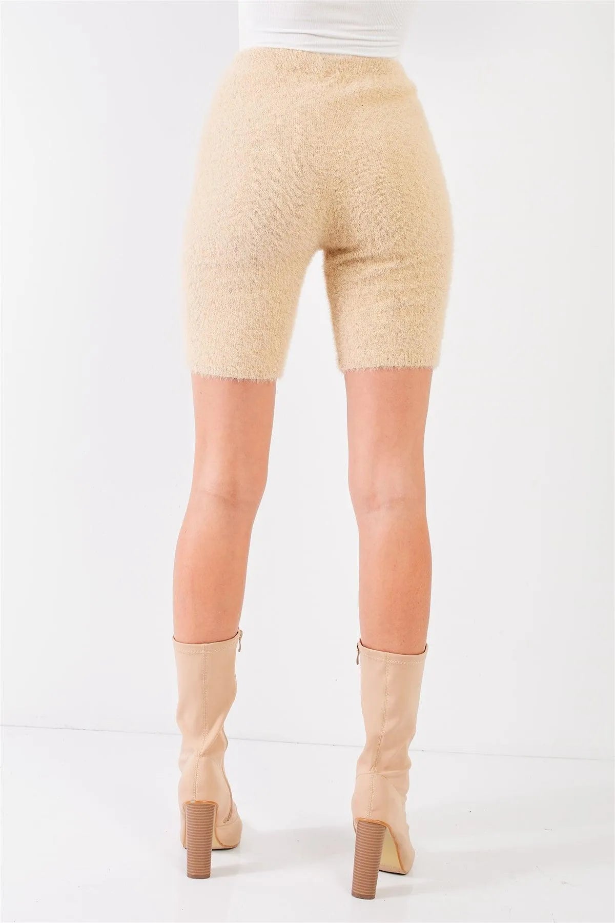 Oatmeal Beige Knit High Waist Stretchy Warm Fuzzy Biker Shorts /2-2-1 - Tasha Apparel Wholesale