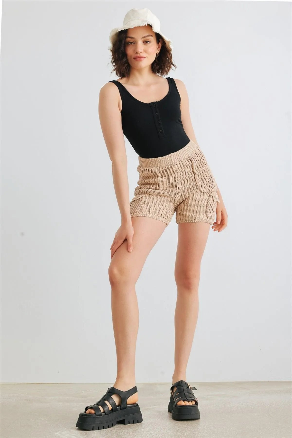 Taupe Knit Cotton Four Pocket High Waist Shorts - Tasha Apparel Wholesale