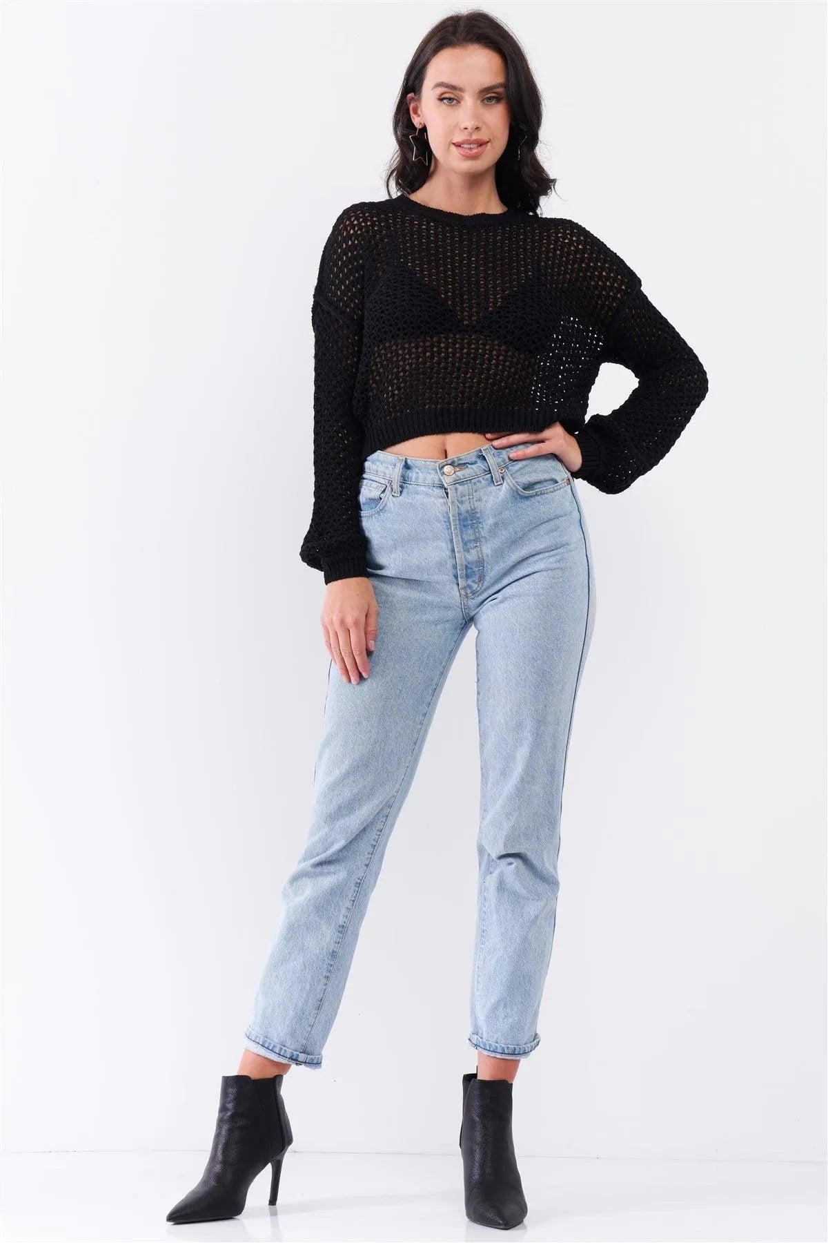 Black Open Knit Round Neck Relaxed Fit Sweater /3-2-1 - Tasha Apparel Wholesale