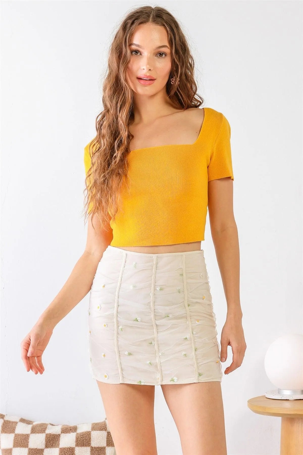 Mango Cotton Back Lace Down Short Sleeve Crop Top /1-2-1 - Tasha Apparel Wholesale