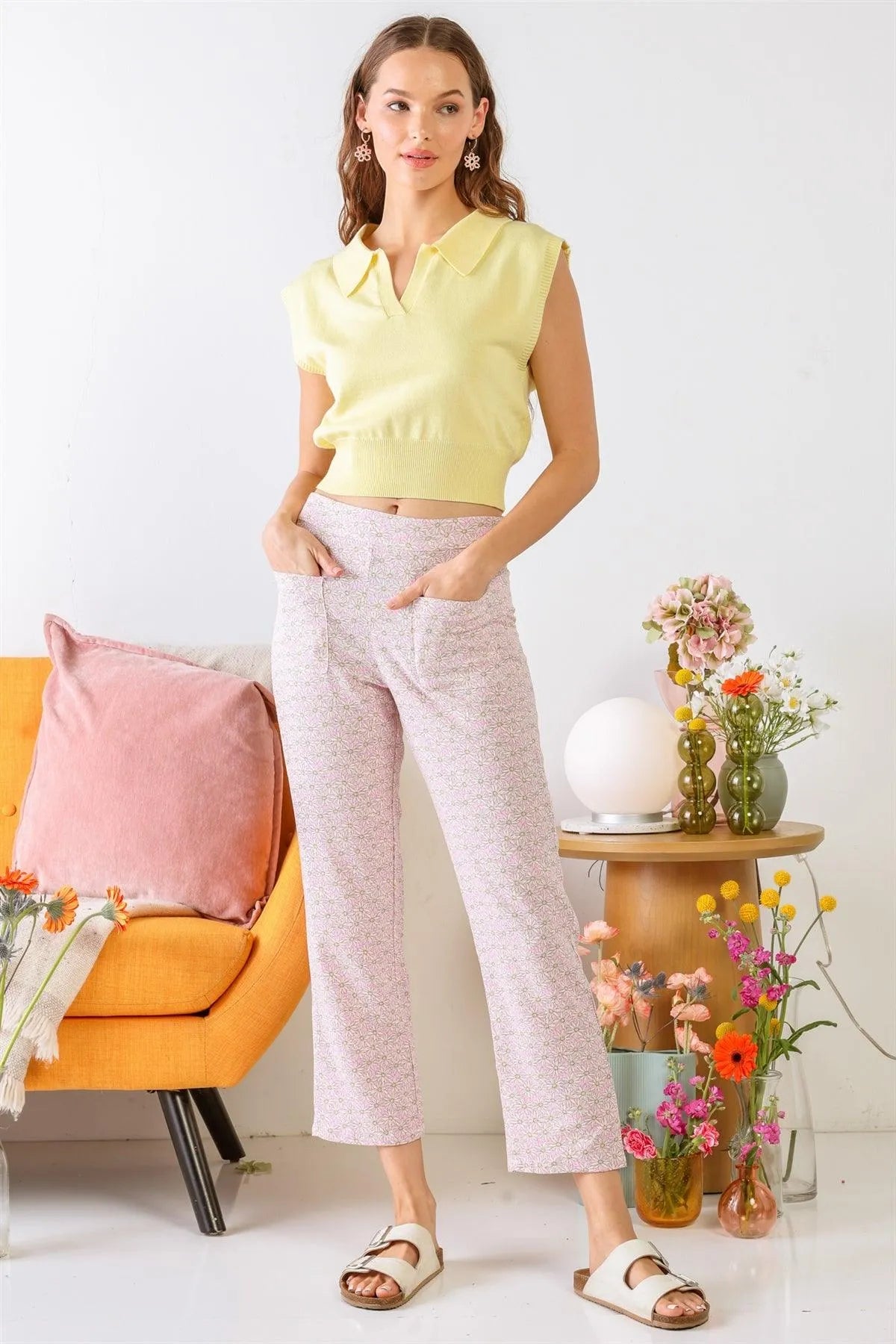 Lemon Sleeveless Collared Neck Crop Top /3-2-1 - Tasha Apparel Wholesale