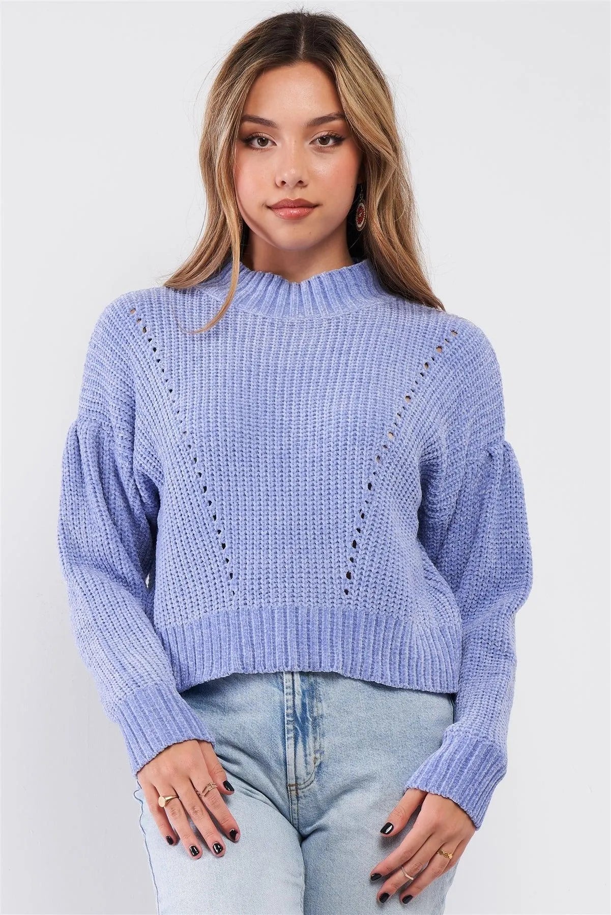 Lavender Blue Plush Cable Knit Ribbed Mock Neck Detail Crop Sweater /3-2-1 - Tasha Apparel Wholesale