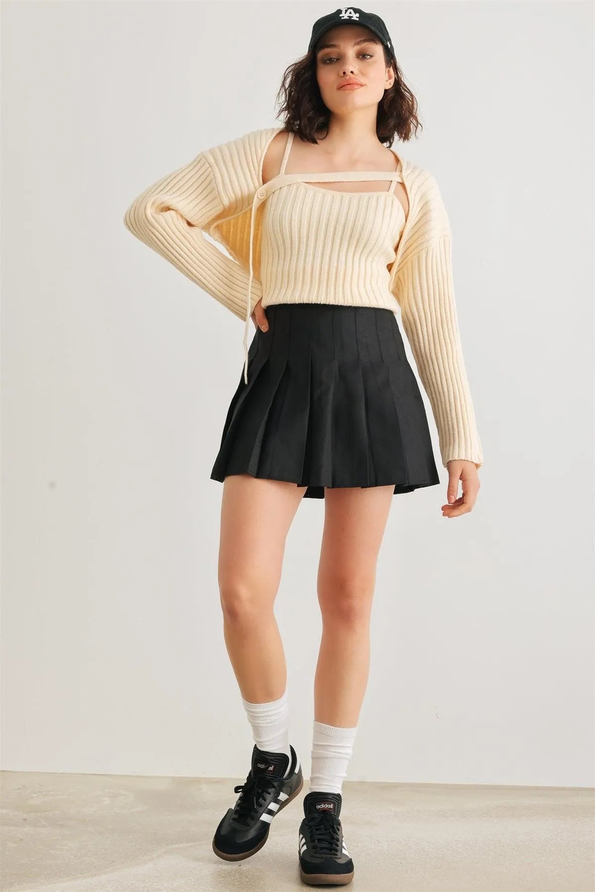 Ivory Ribbed Sleeveless Top & Long Sleeve Button Stripe Cover-Up Set /1-2-2-1 - Tasha Apparel Wholesale