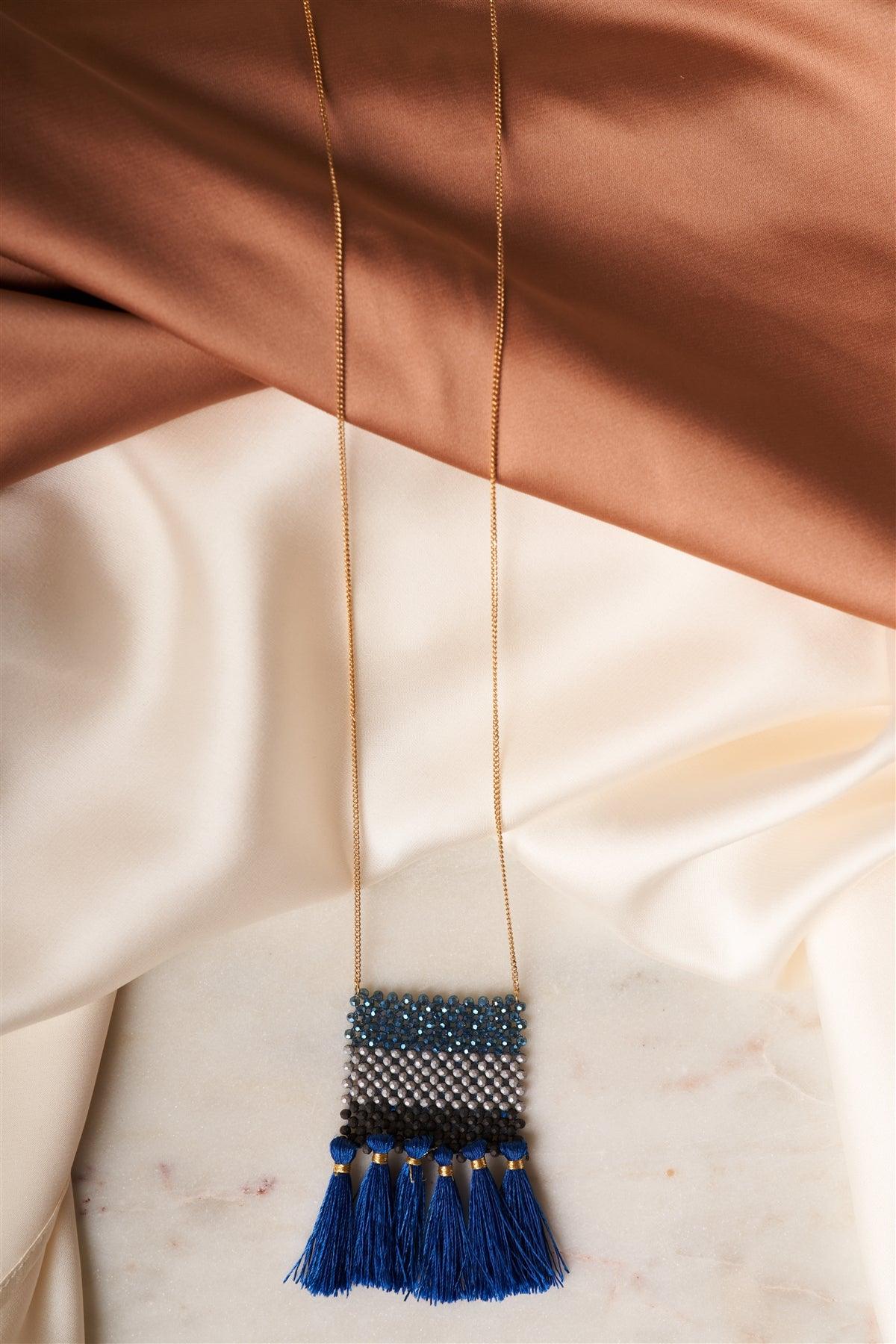 Blue Multi Tassels & Beads Necklace /1 Pair